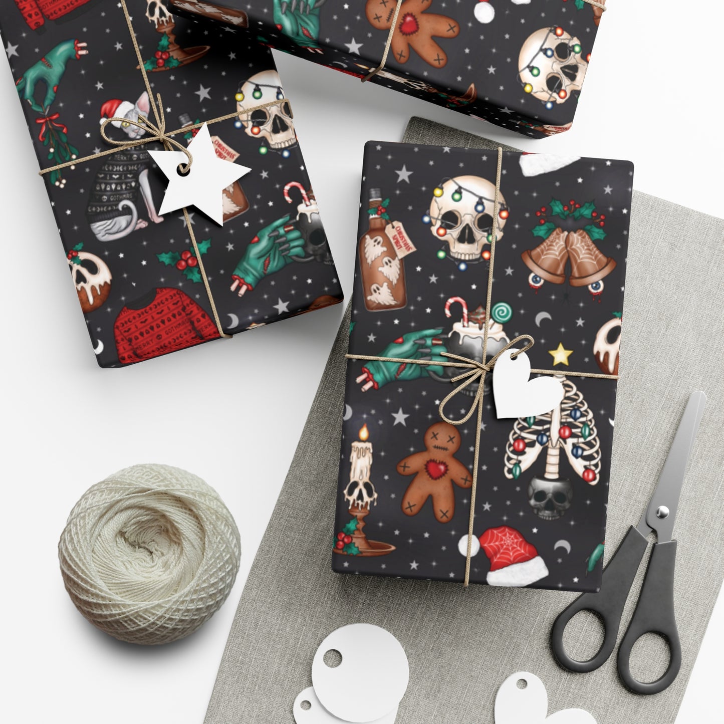 Kitschy Kawaii Goth Christmas, Creepy Cute Whimsigoth Creepmas Black Eco-Friendly Gift Wrap Paper