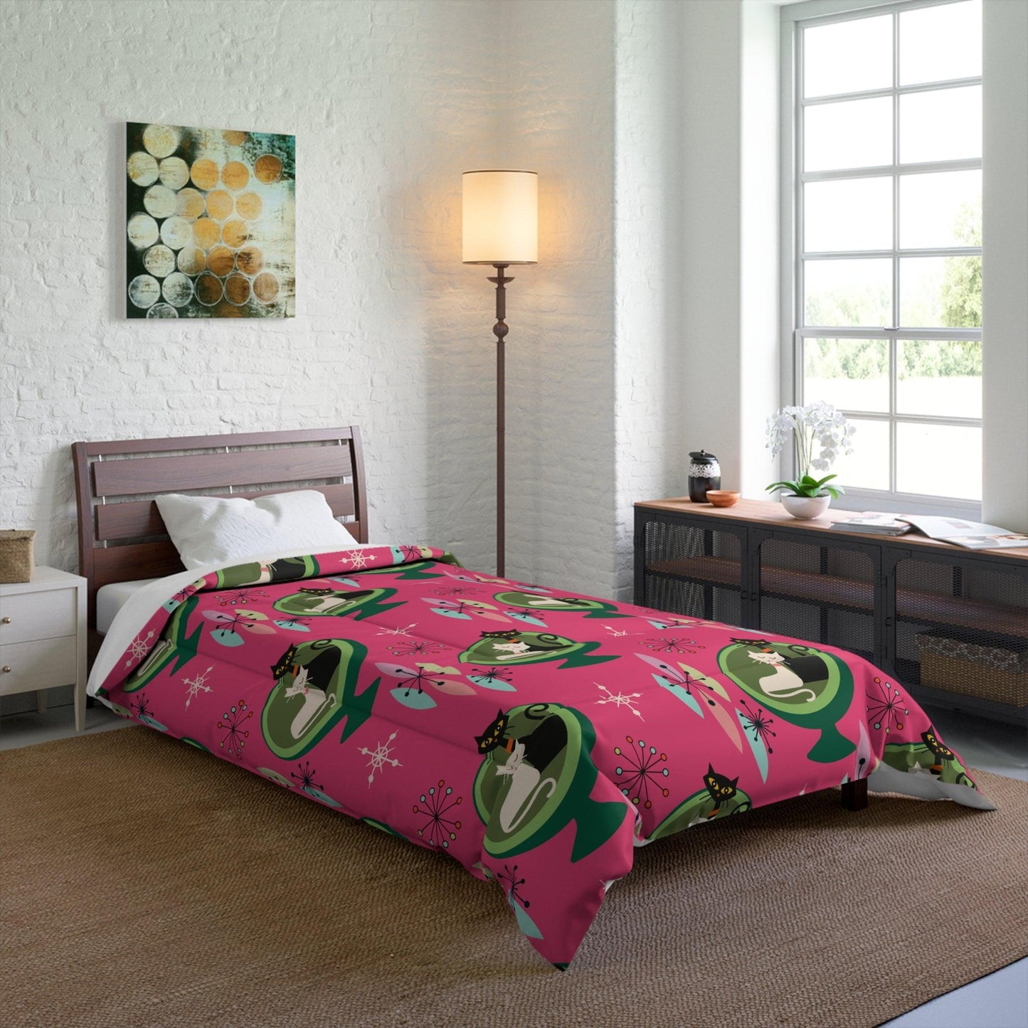 Retro 50s Atomic Cat Couple in Ball Chair Mid Century Mod Pink & Green Comforter | lovevisionkarma.com