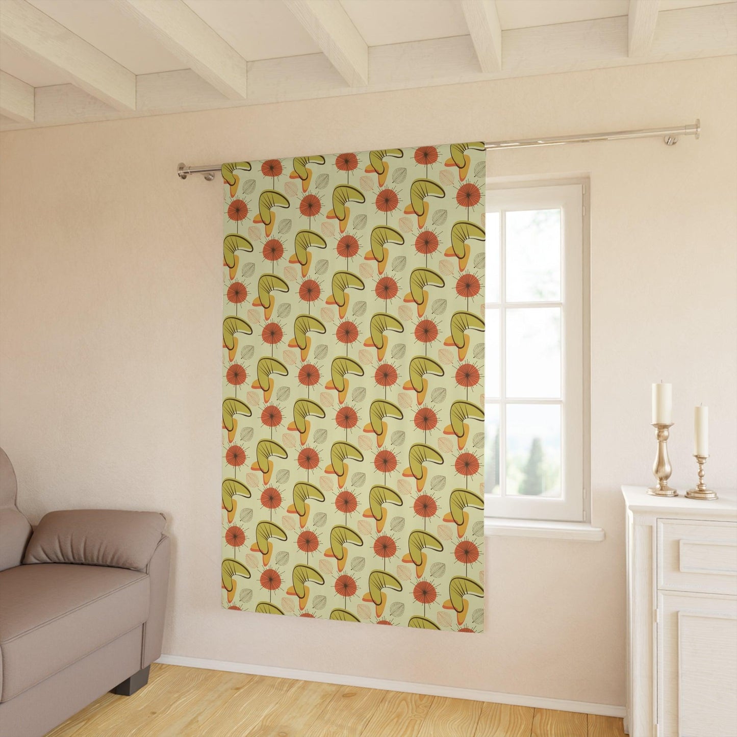 Retro Atomic Boomerangs & Leaves MCM Orange, Green & Yellow Blackout Window Curtain | lovevisionkarma.com