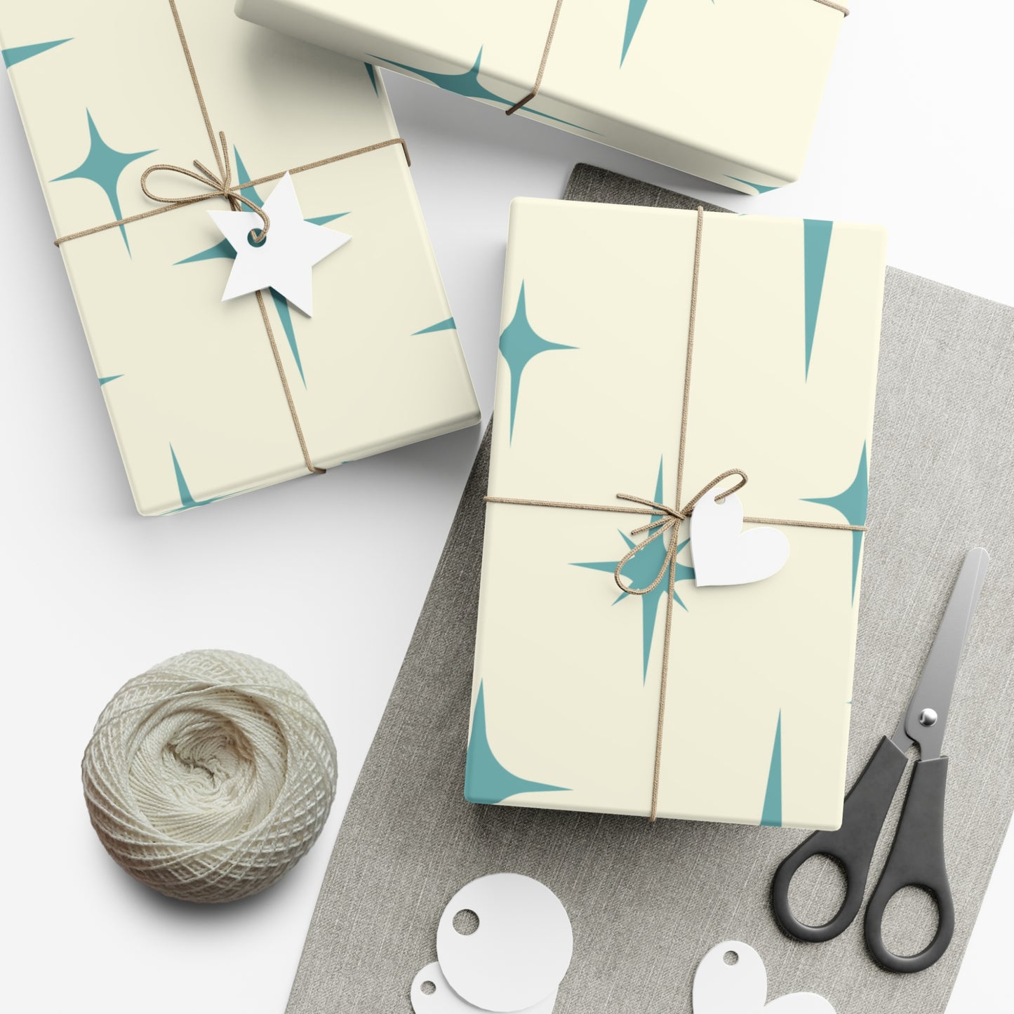 Large Starburst Version of Retro Atomic Starburst MCM Off-White & Blue Gift Wrapping Paper