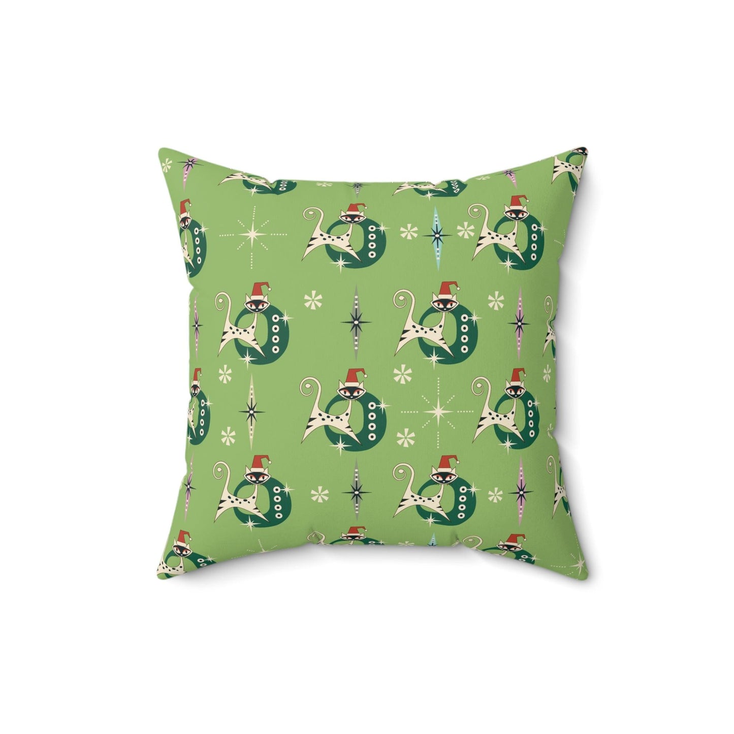 Retro 50s Kitsch Atomic Cats Mid Century Mod Light Green Christmas Throw Pillow | lovevisionkarma.com
