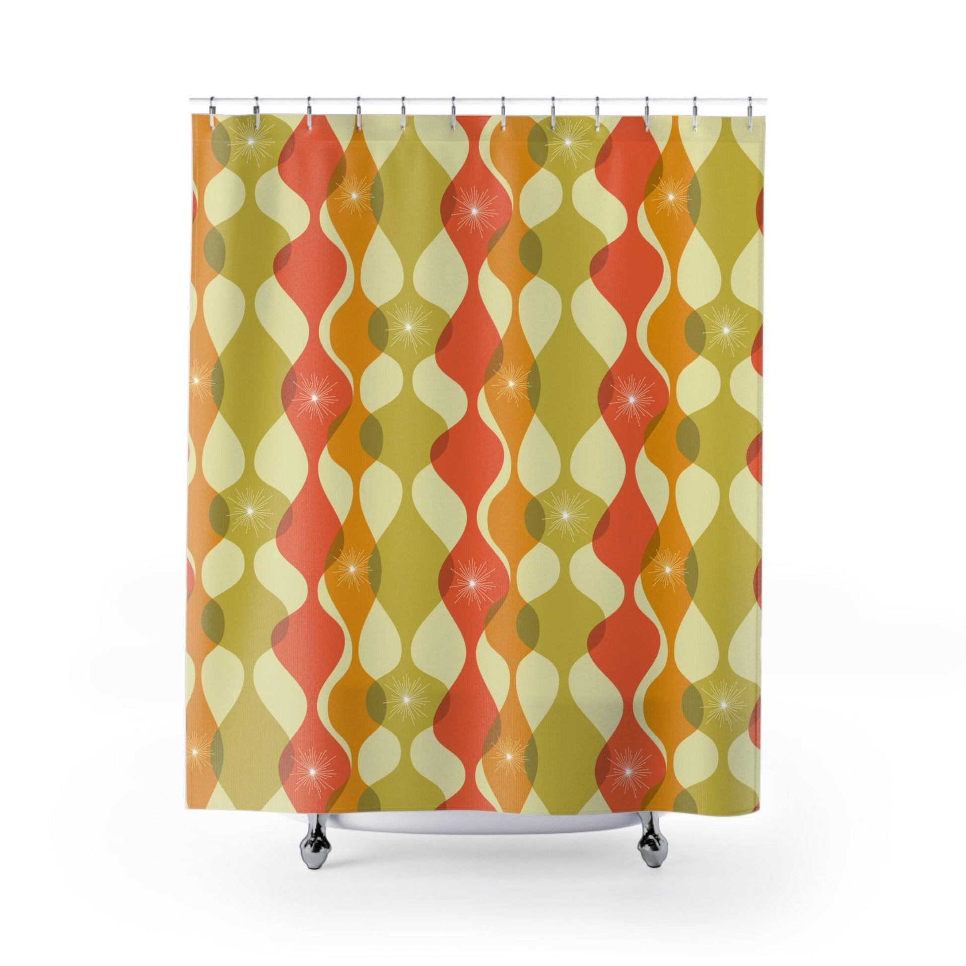 Retro 60s 70s Mid Century Mod Abstract Green, Orange & Mustard Shower Curtain | lovevisionkarma.com
