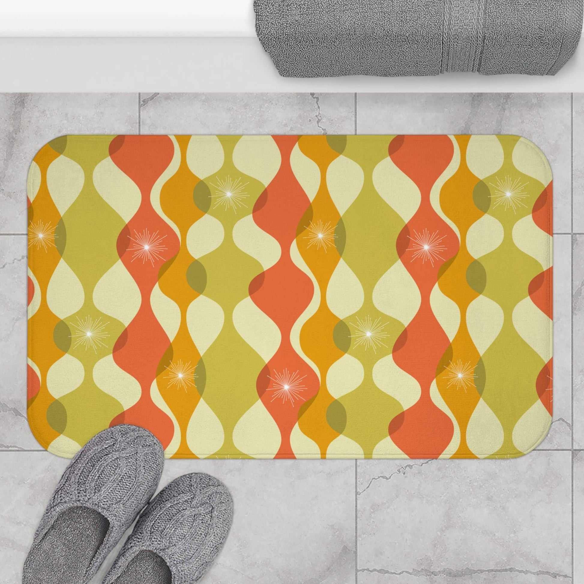 Retro 60s 70s Mid Century Mod Abstract Green, Orange & Mustard Bath Mat | lovevisionkarma.com