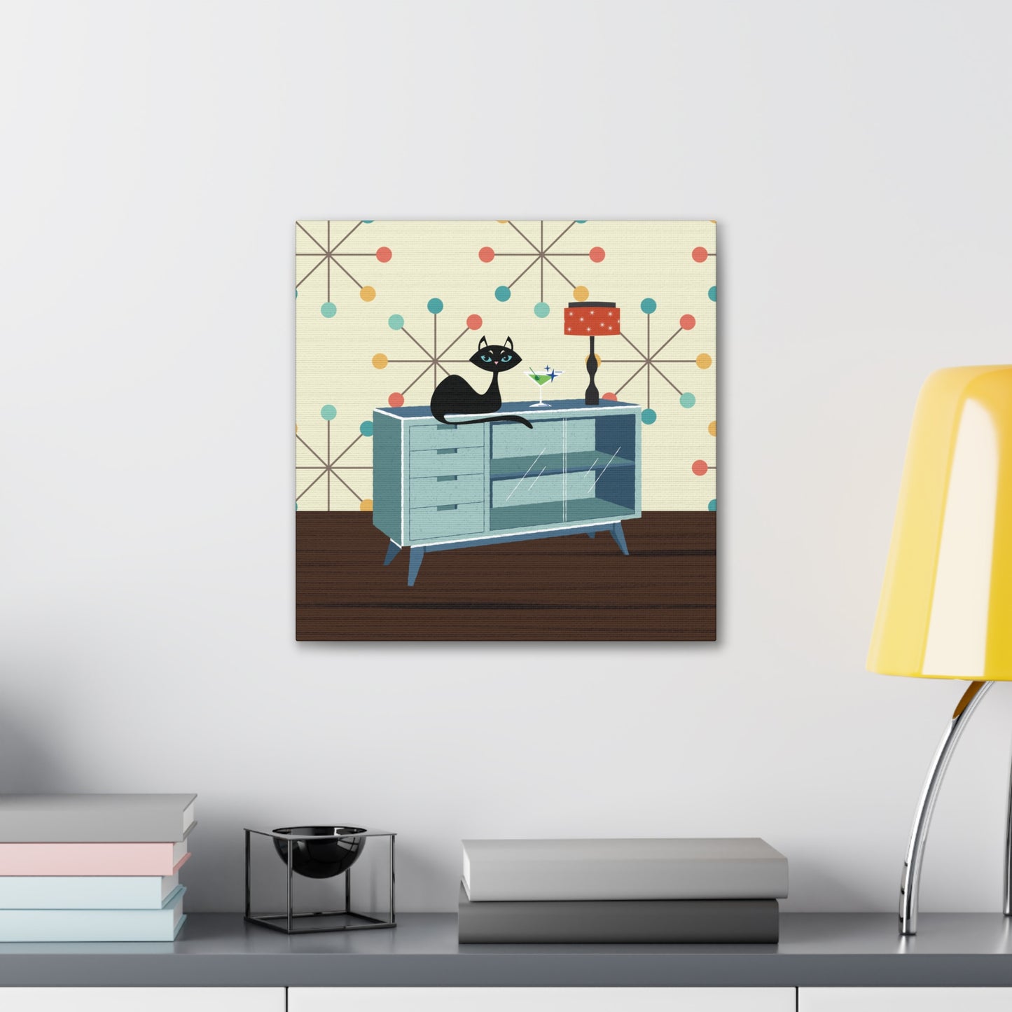 Retro 50s Atomic Cat Lounging Mid Century Mod Multicolor Canvas Gallery Wrap