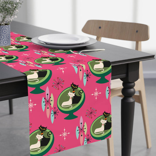 Retro Atomic Cat Couple in Ball Chair MCM Pink & Green Table Runner | lovevisionkarma.com