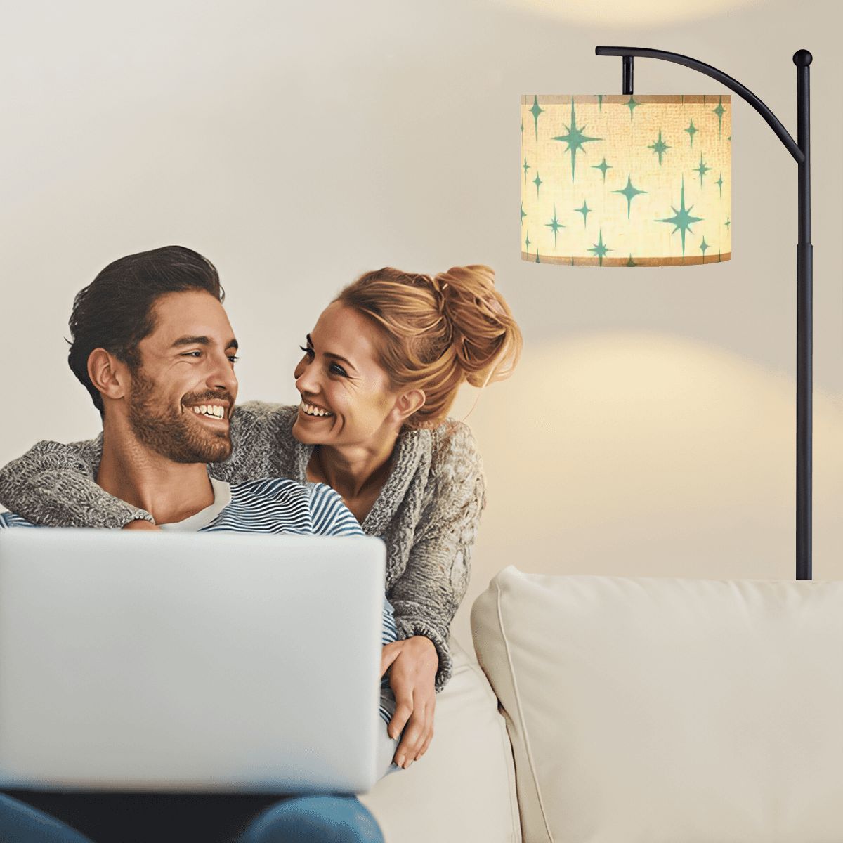 Retro 50s Atomic Starburst Mid Century Mod Blue and Off-White Arc Floor Lamp