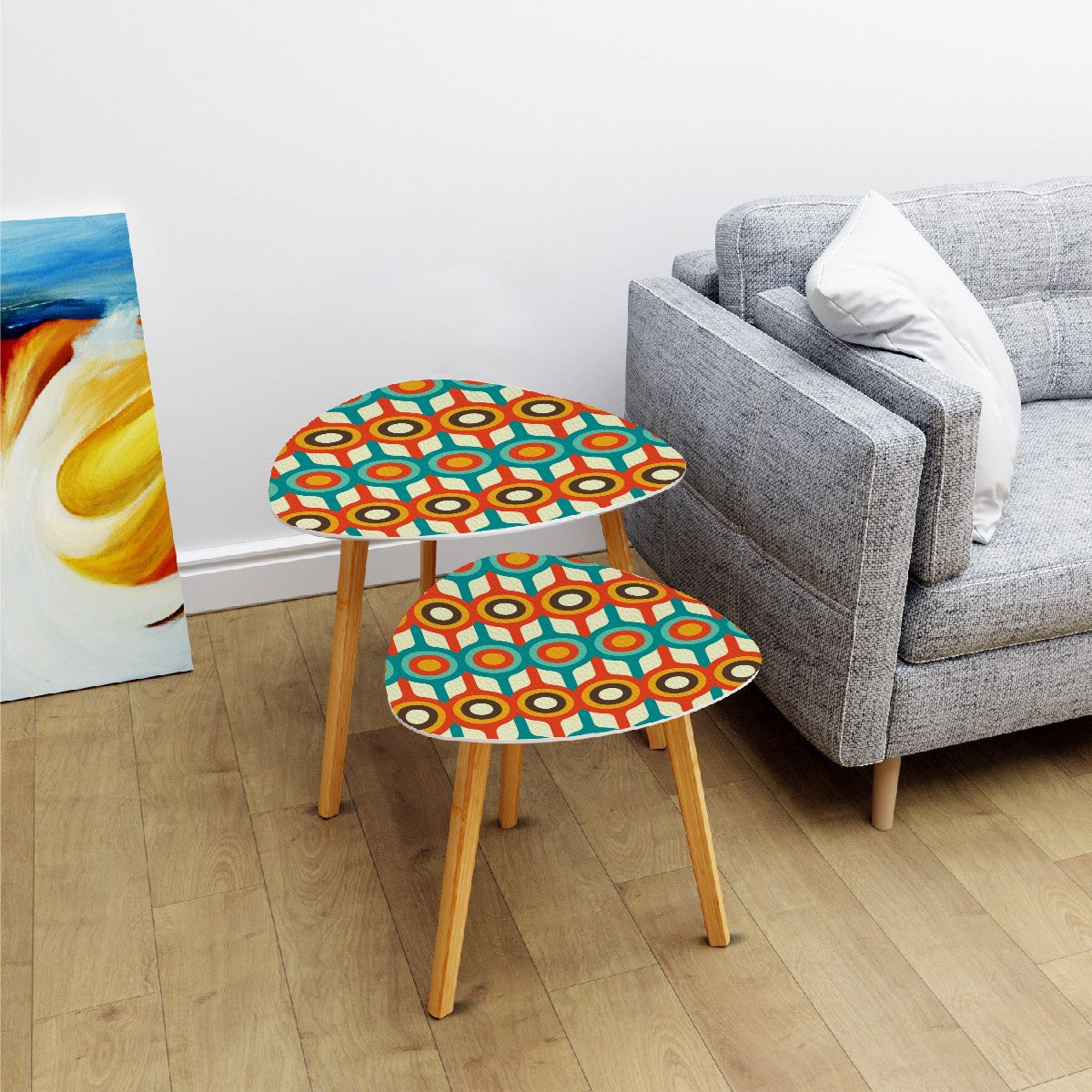 Retro 50s 60s Mid Century Mod Geometric Circles Blue, Orange & Brown Nesting Accent Tables