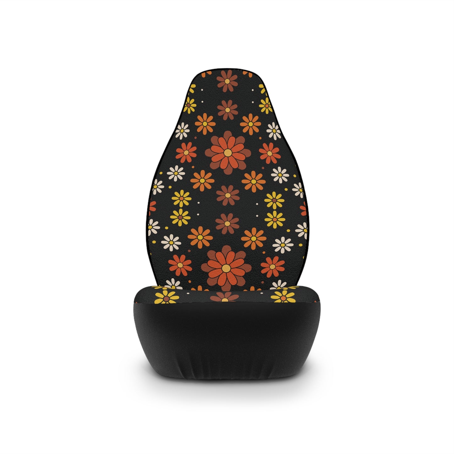 Retro 60s 70s Groovy Mod Daisy Floral Mid Century Black, Brown & Orange Car Seat Covers