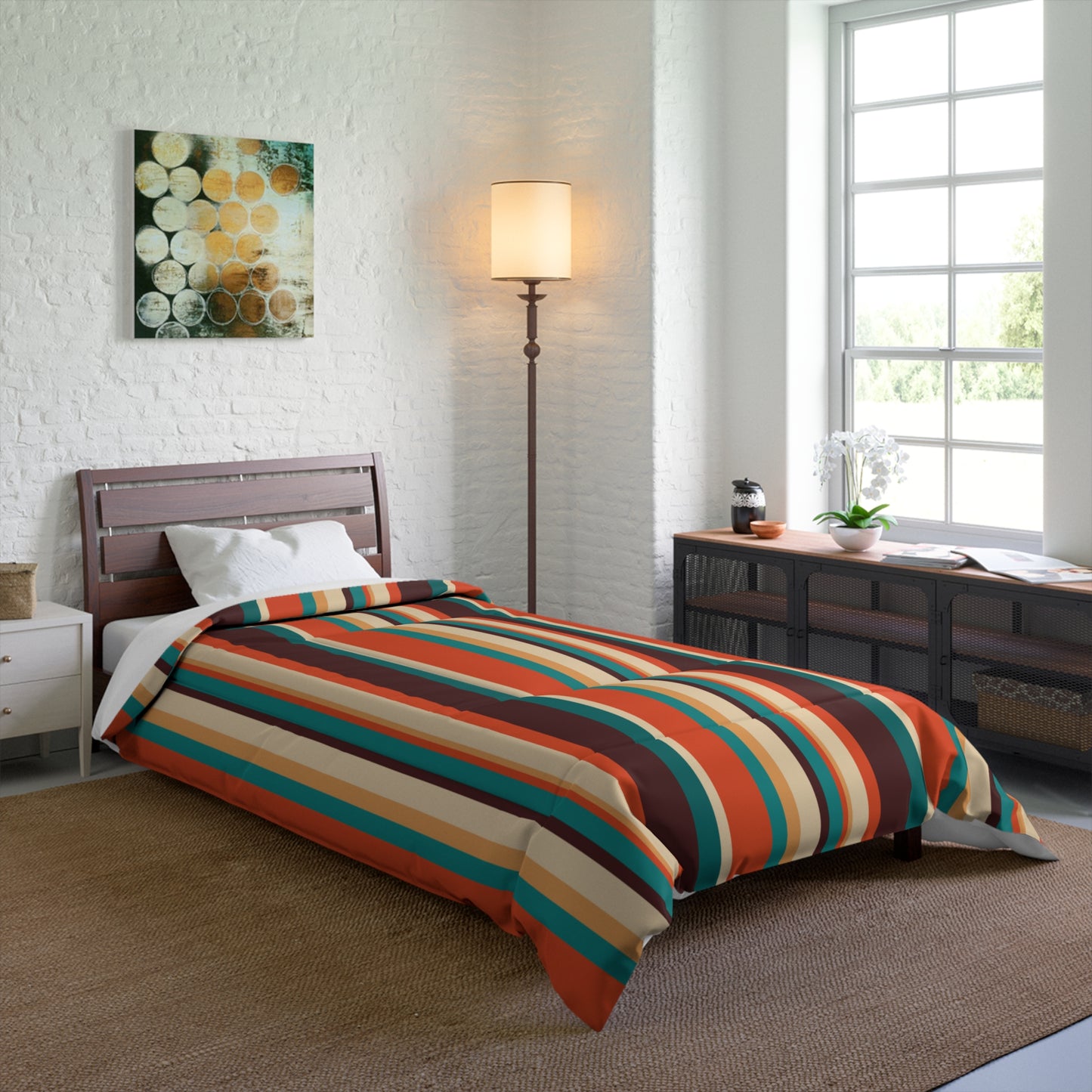 Retro 60s 70s Brown, Orange & Cream Striped MCM Comforter