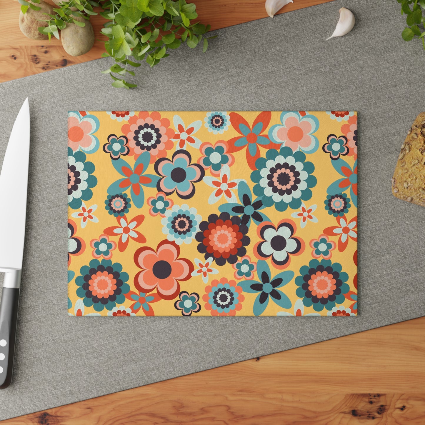 Retro 60s 70s Groovy Flowers Boho MCM Yellow, Coral & Blue Glass Cutting Board