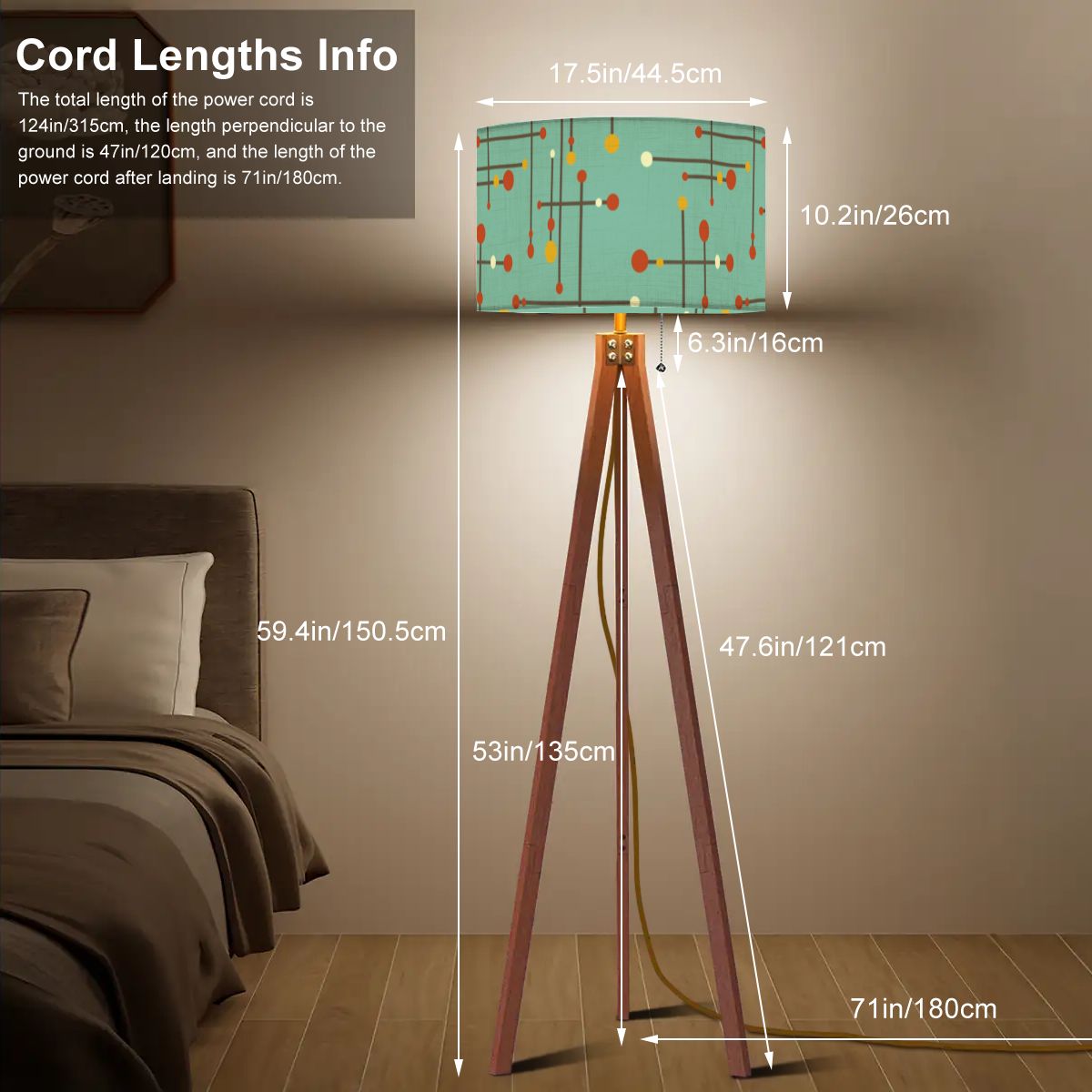 Retro 50's Eames Inspired Mid Century Mod Lines Teal Blue Tripod Floor Lamp