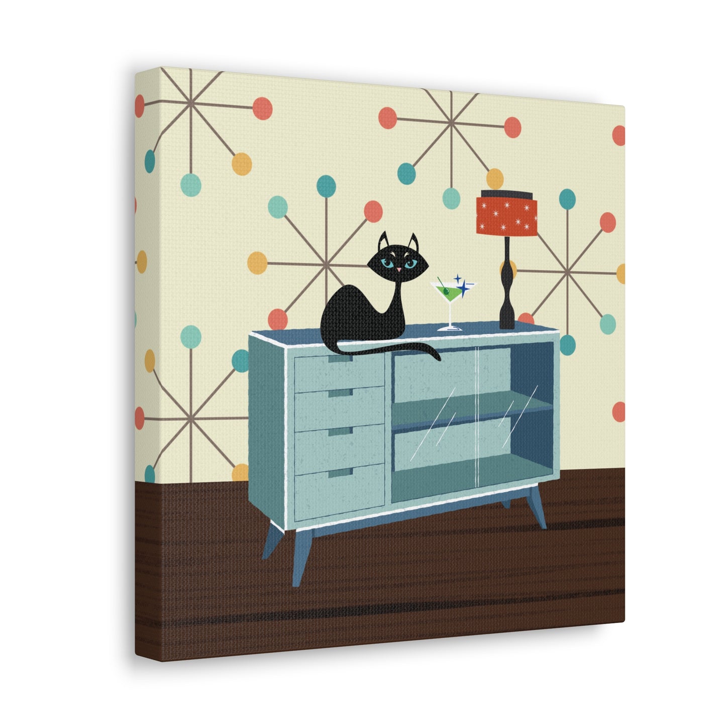 Retro 50s Atomic Cat Lounging Mid Century Mod Multicolor Canvas Gallery Wrap