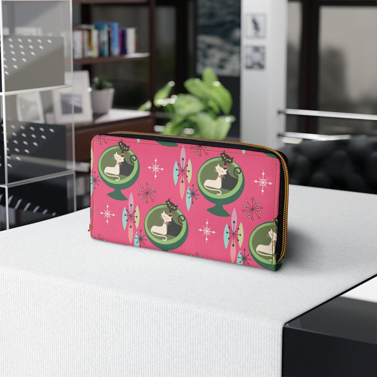 Retro 50s 60s Atomic Cats in Ball Chair Mid Century Mod Pink Zipper Wallet | lovevisionkarma.com