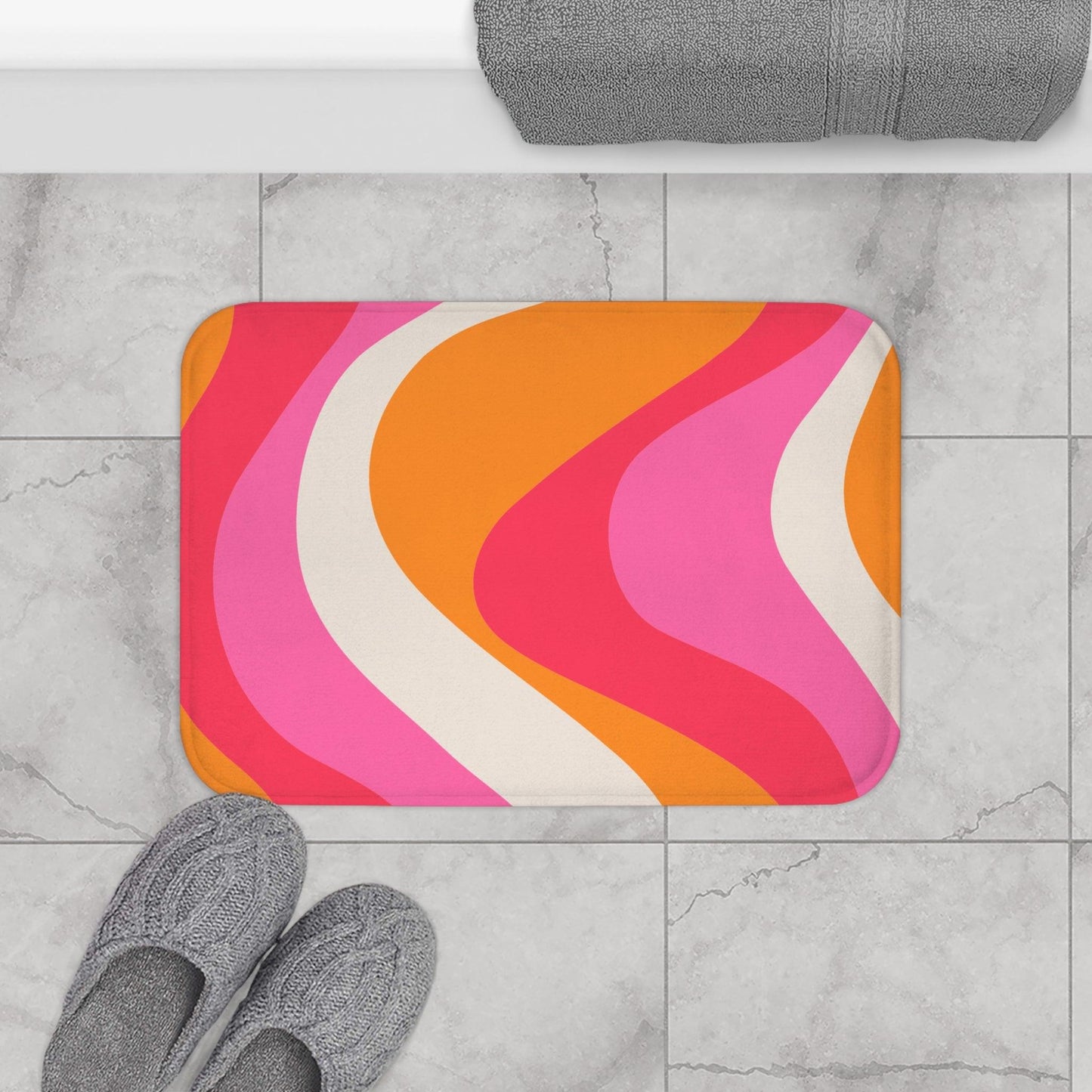 Retro 60s Groovy Hippie Swirl MCM Pink & Orange Bath Mat | lovevisionkarma.com