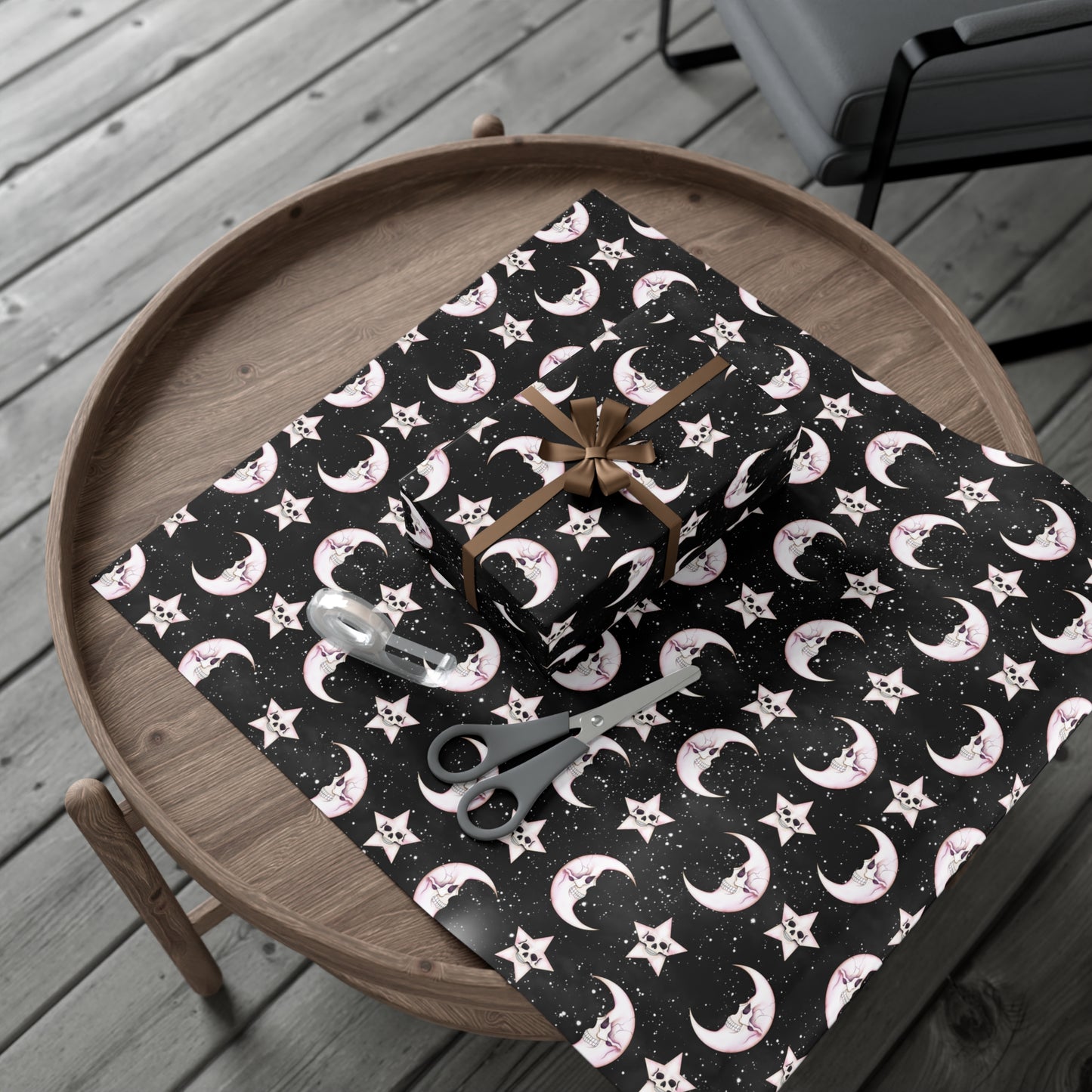 Goth Christmas Celestial Moon & Stars, Whimsical Kawaii Creepmas Black Eco-Friendly Gift Wrap