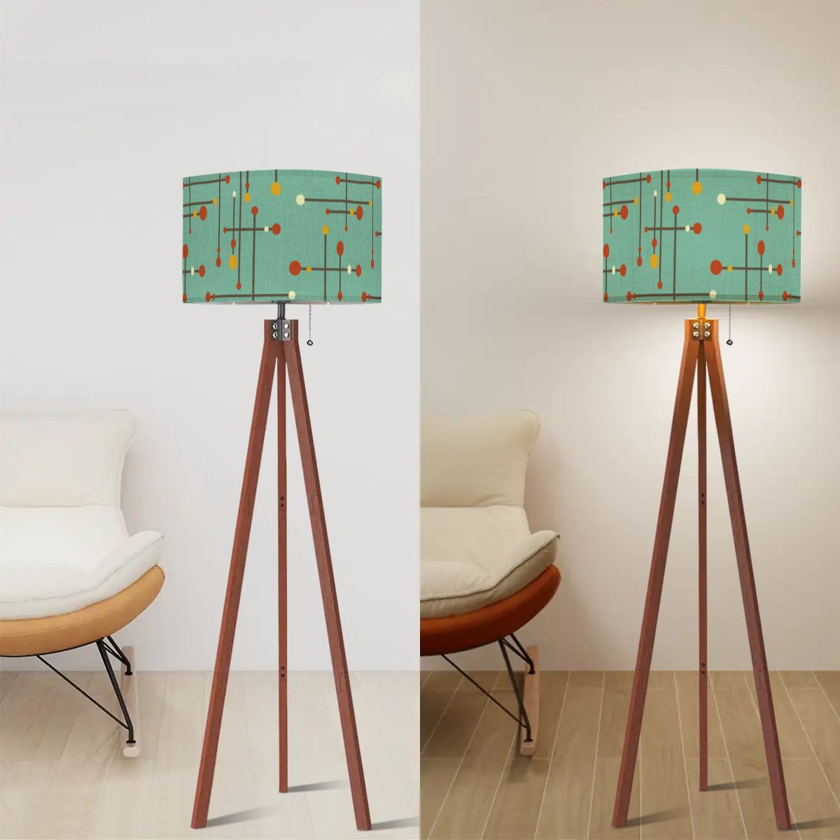 Retro 50's Eames Inspired Mid Century Mod Lines Teal Blue Tripod Floor Lamp
