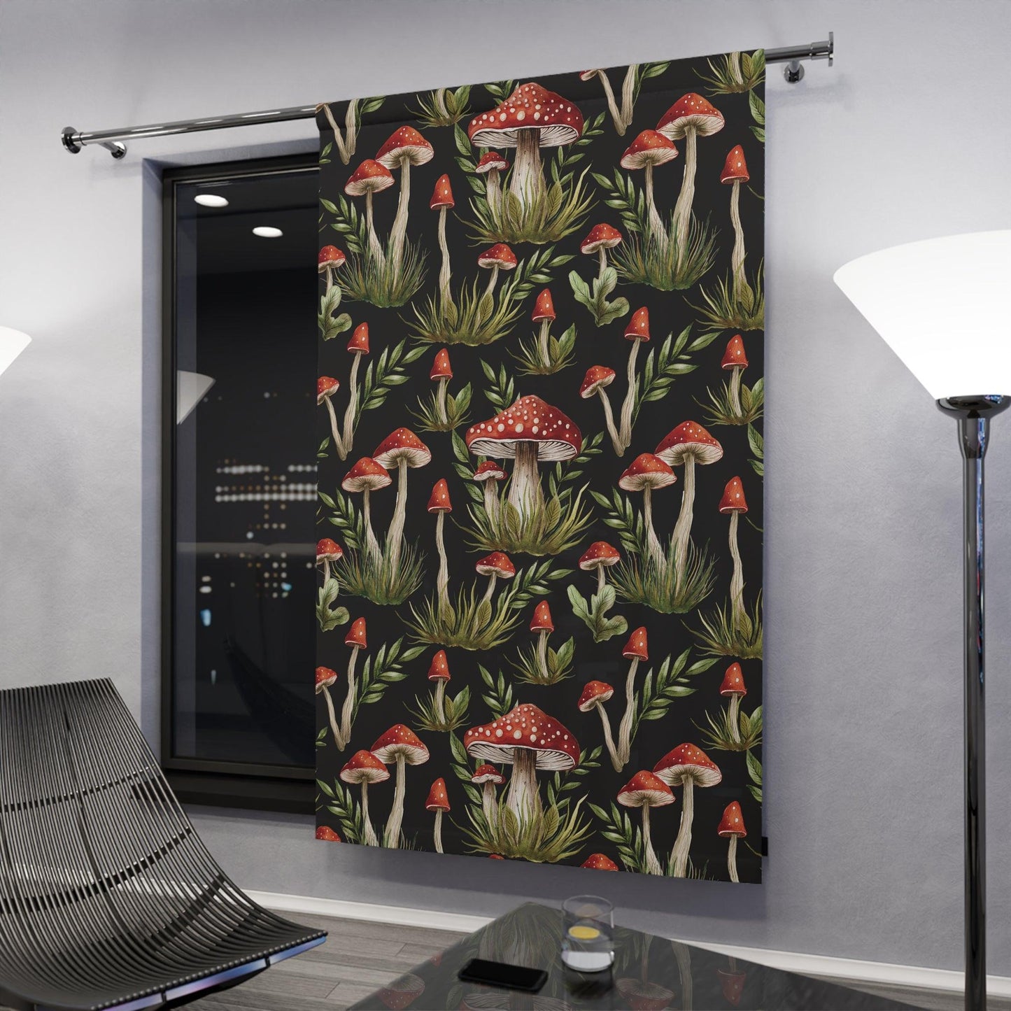 Amanita Muscaria Mushroom, Dark Cottagecore Watercolor Black, Red & Green Blackout Curtain Panel | lovevisionkarma.com