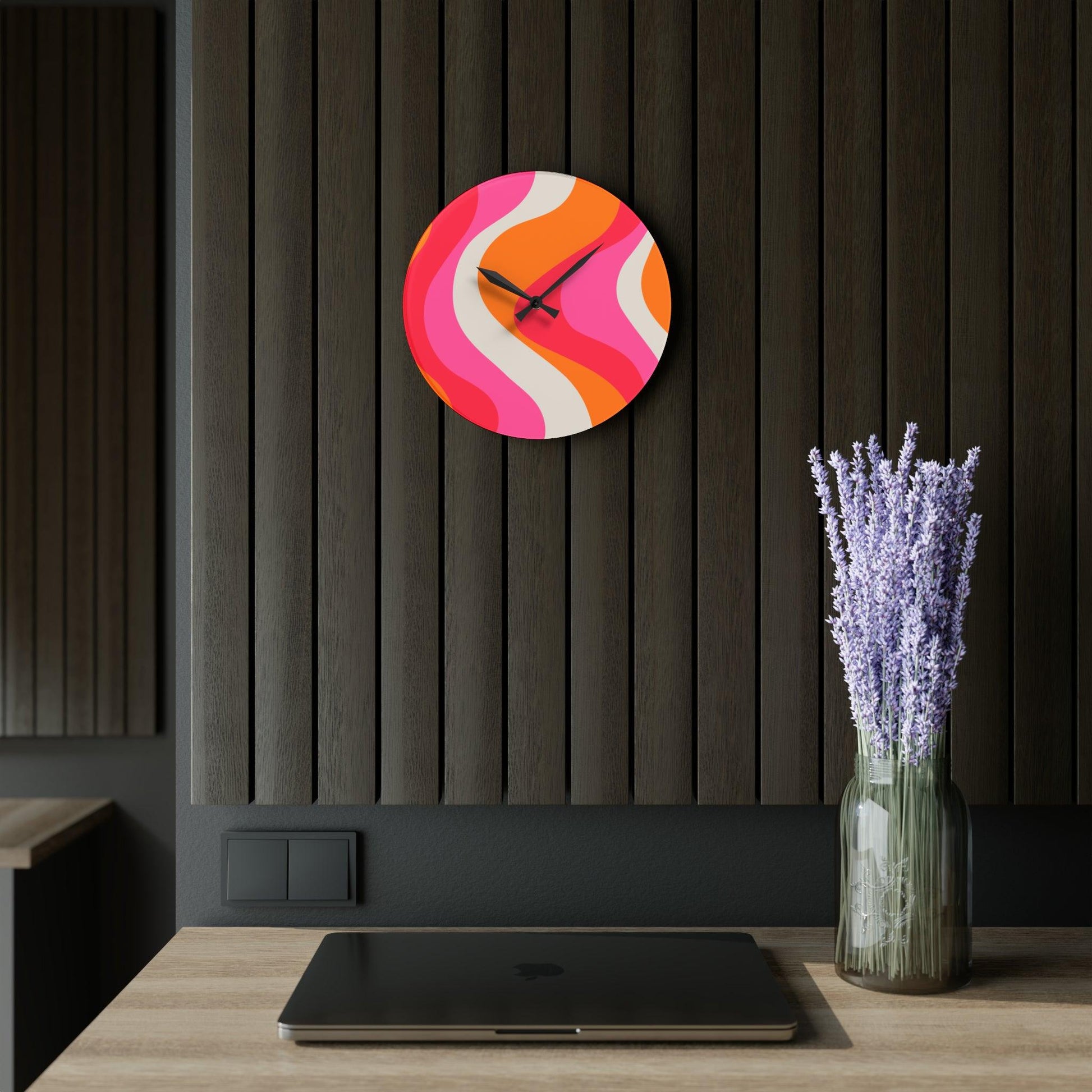Groovy 60's Hippie Swirl Pink & Orange Mid Century Mod Acrylic Wall Clock | lovevisionkarma.com