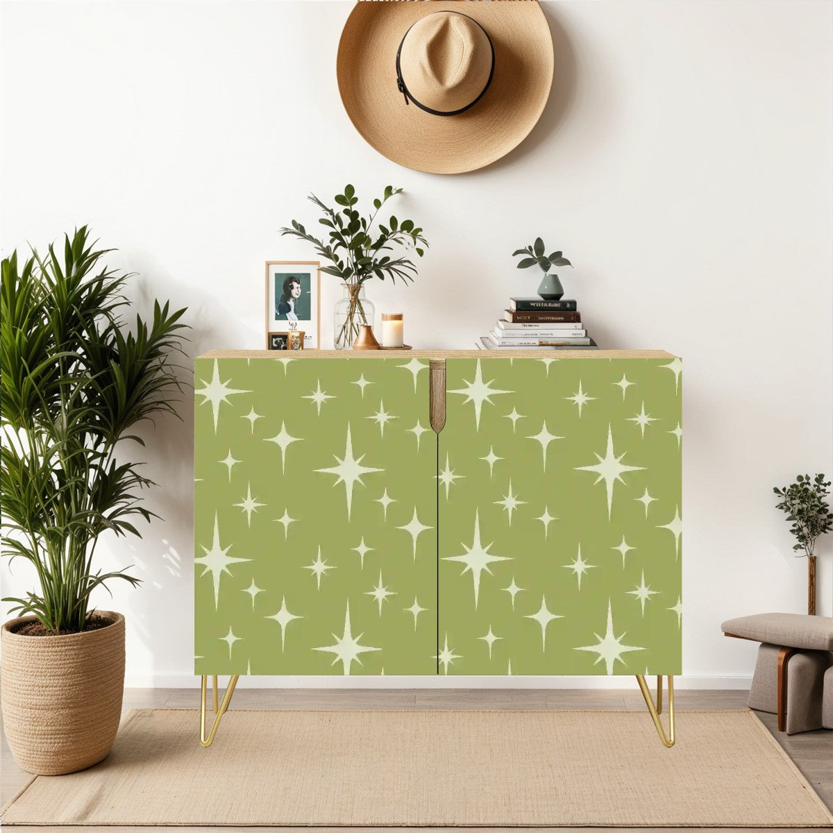 Retro 50s Atomic Starburst Mid Century Modern Chartreuse Green Sideboard, Credenza, Wooden Storage Cabinet
