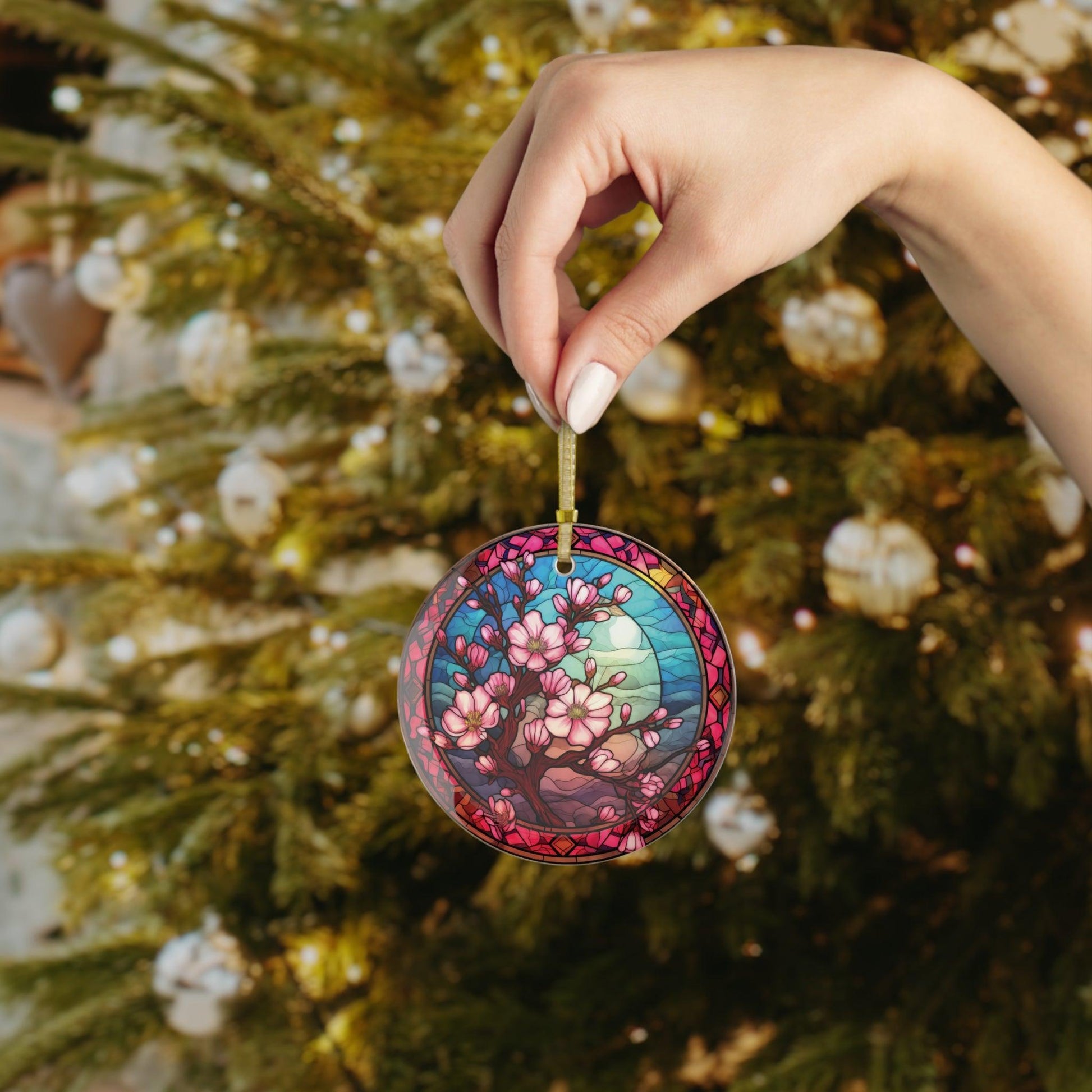 Sakura Cherry Blossom Branch, Colorful Stained Glass Inspired, Glass Ornament | lovevisionkarma.com