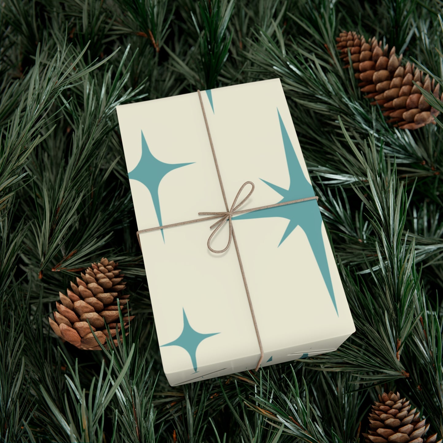 Large Starburst Version of Retro Atomic Starburst MCM Off-White & Blue Gift Wrapping Paper