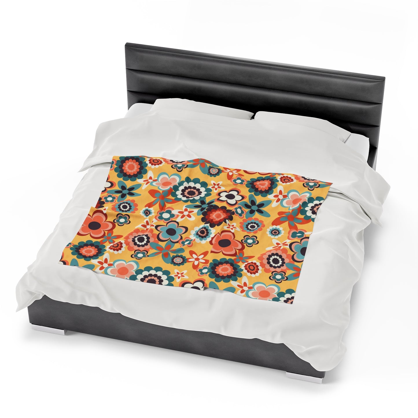 Retro 60s 70s Groovy Flowers Boho MCM Yellow, Coral & Blue Velveteen Lightweight Blanket