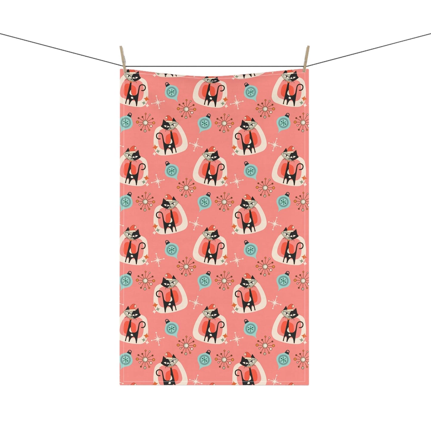 Retro 50s Atomic Cats Mid Century Modern Pink Coral Christmas Kitchen Tea Towel | lovevisionkarma.com