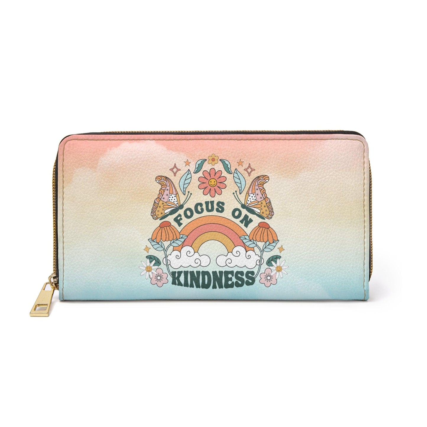 Retro Groovy Butterfly, Rainbow & Flower "Kindness" Ombre Zipper Wallet | lovevisionkarma.com