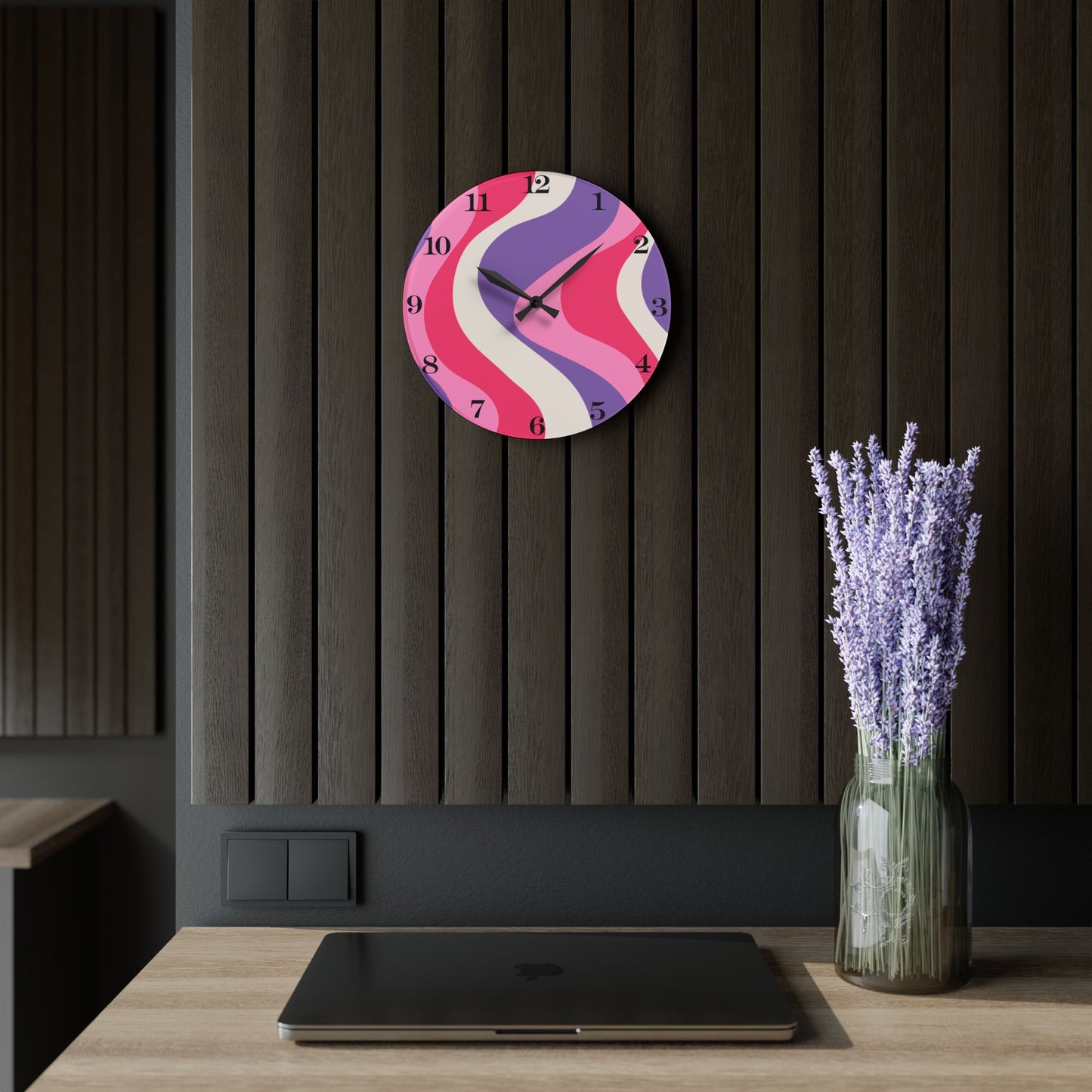 Groovy 60's Hippie Swirl Pink & Purple Mid Century Mod Acrylic Wall Clock