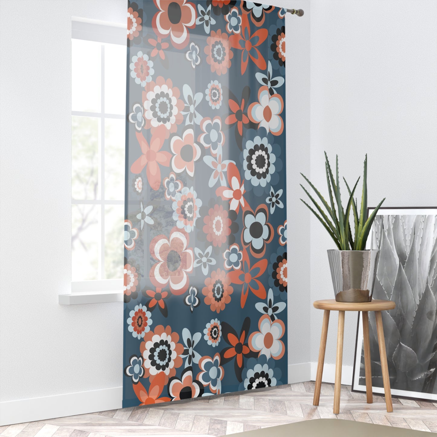 Retro 60s 70s Groovy Flowers Boho Mid Century Mod Coral & Blue Sheer Window Curtain