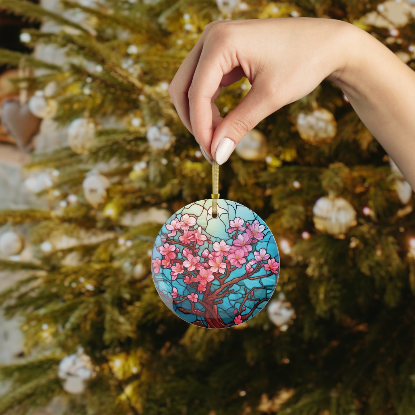 Japanese Sakura Blooming Cherry Blossom Tree, Stained Glass Inspired Colorful Glass Ornament