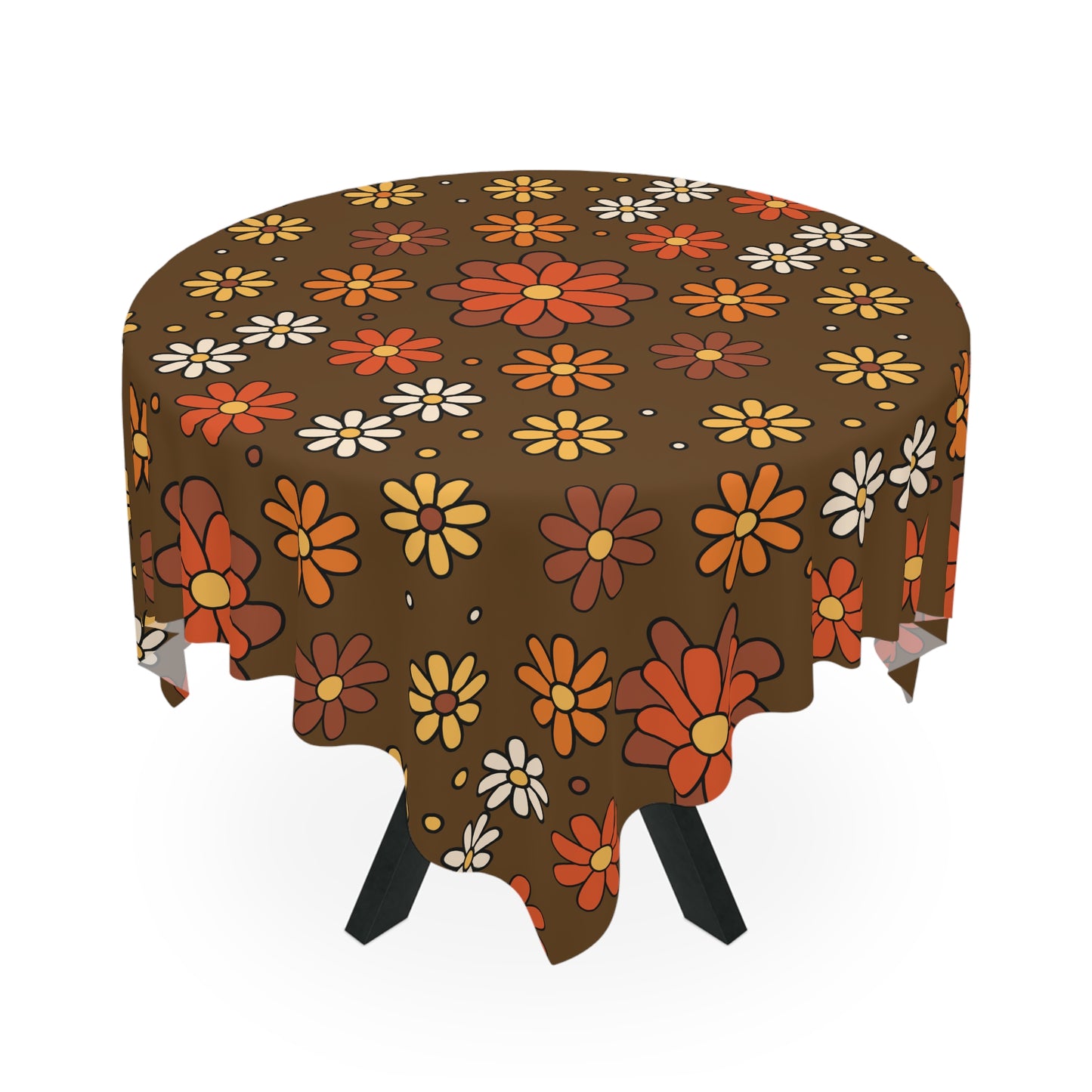 Retro 60s 70s Groovy Mod Daisy, Floral Mid Century Brown & Orange Tablecloth