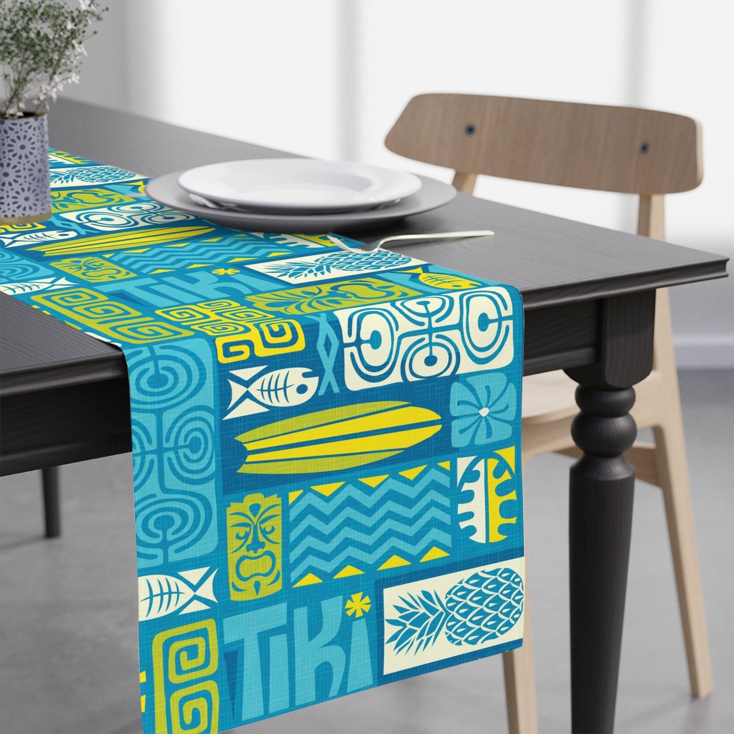 Tiki Retro 60s Mid Century Mod Blue & Green Table Runner | lovevisionkarma.com