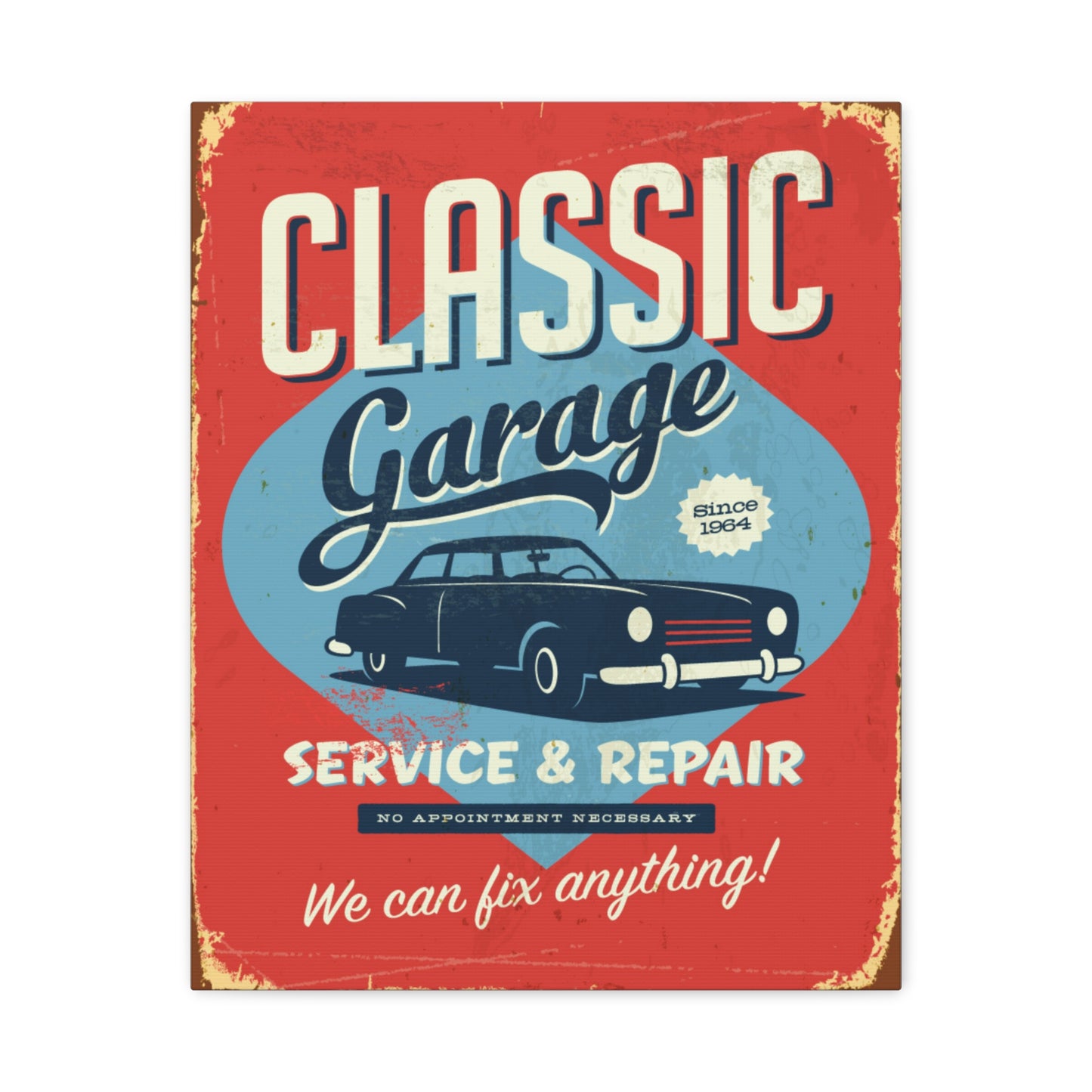 Retro 1950's Classic Car Garage Sign Mid Century Modern Orange & Blue Canvas Wall Art