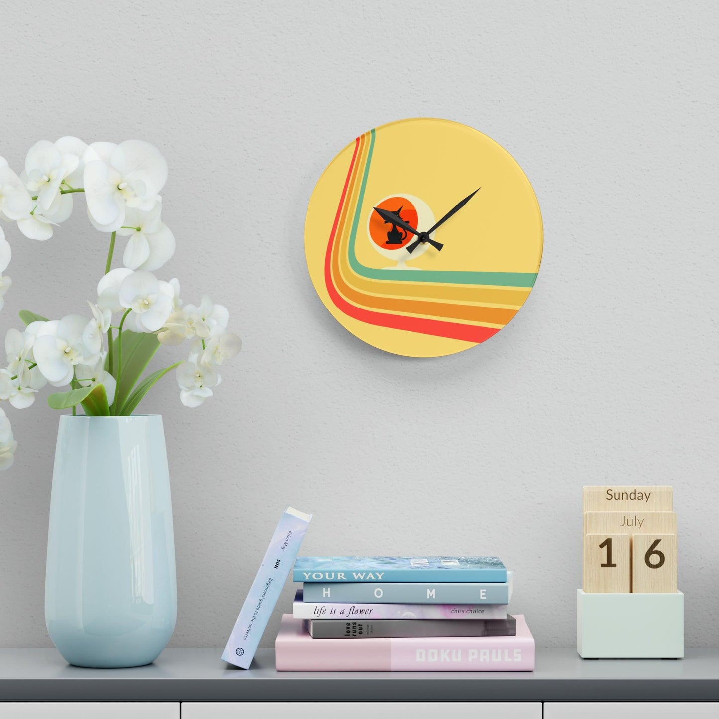 Retro Atomic Cat in Ball Chair, Yellow Mid Century Mod Acrylic Wall Clock | lovevisionkarma.com