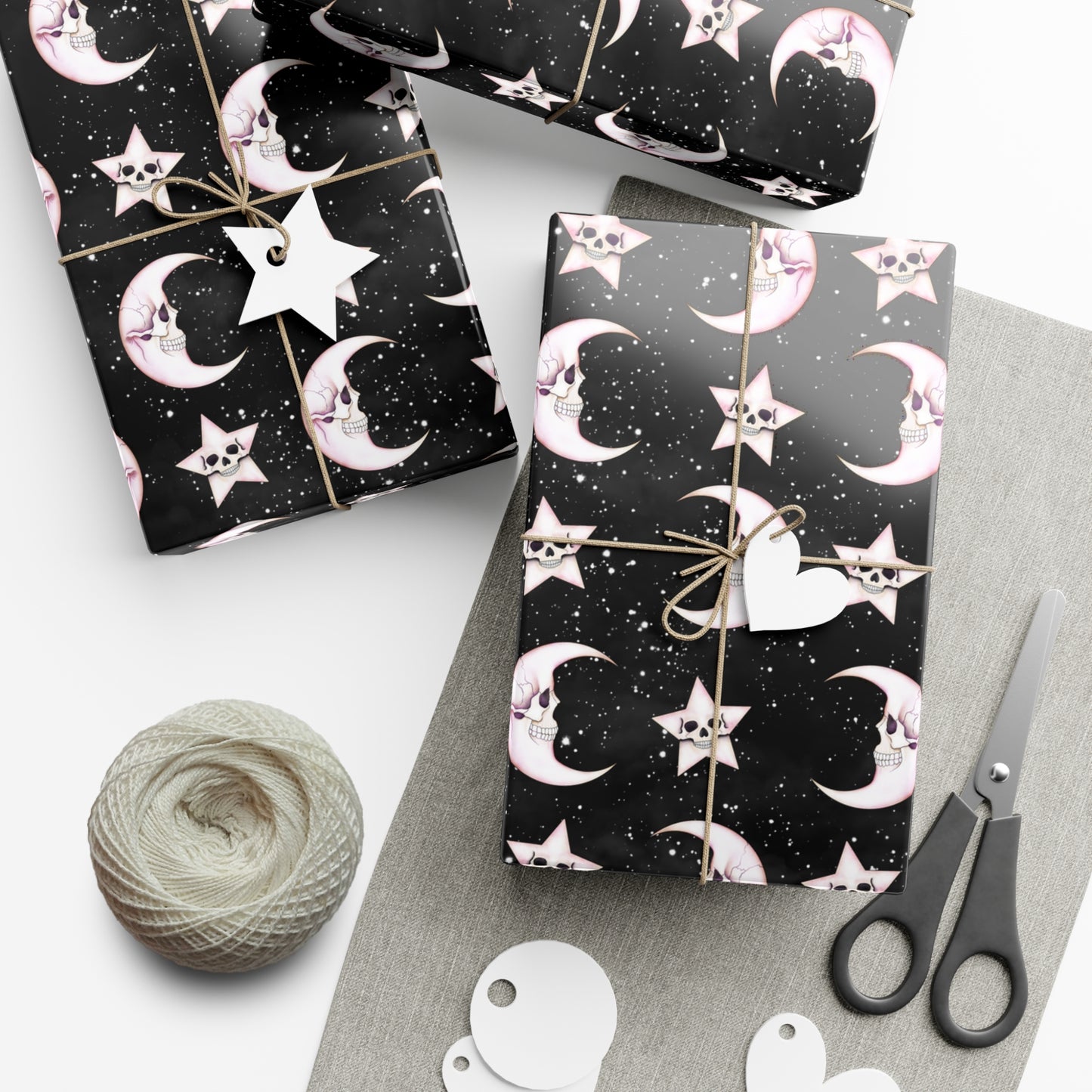 Goth Christmas Celestial Moon & Stars, Whimsical Kawaii Creepmas Black Eco-Friendly Gift Wrap