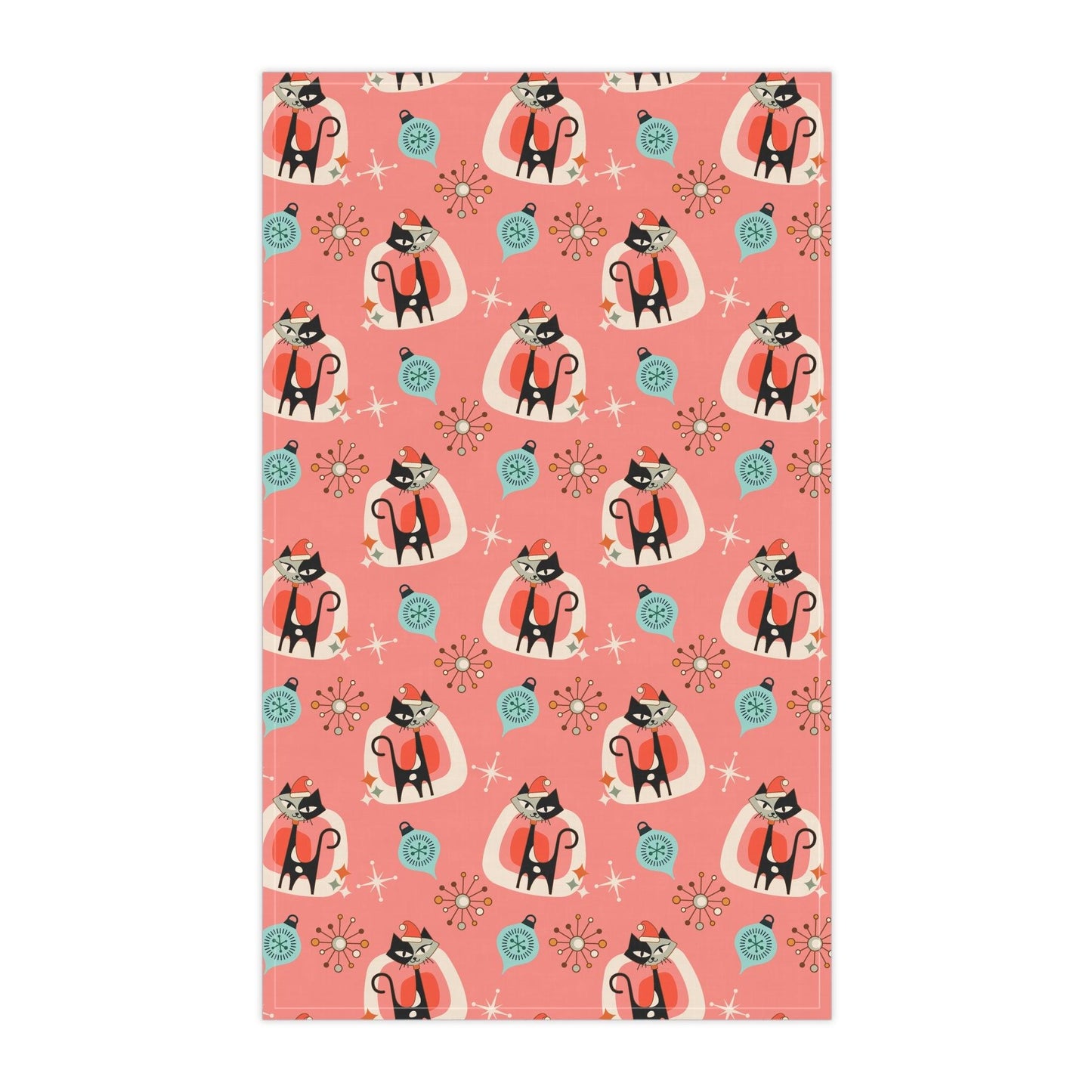 Retro 50s Atomic Cats Mid Century Modern Pink Coral Christmas Kitchen Tea Towel | lovevisionkarma.com