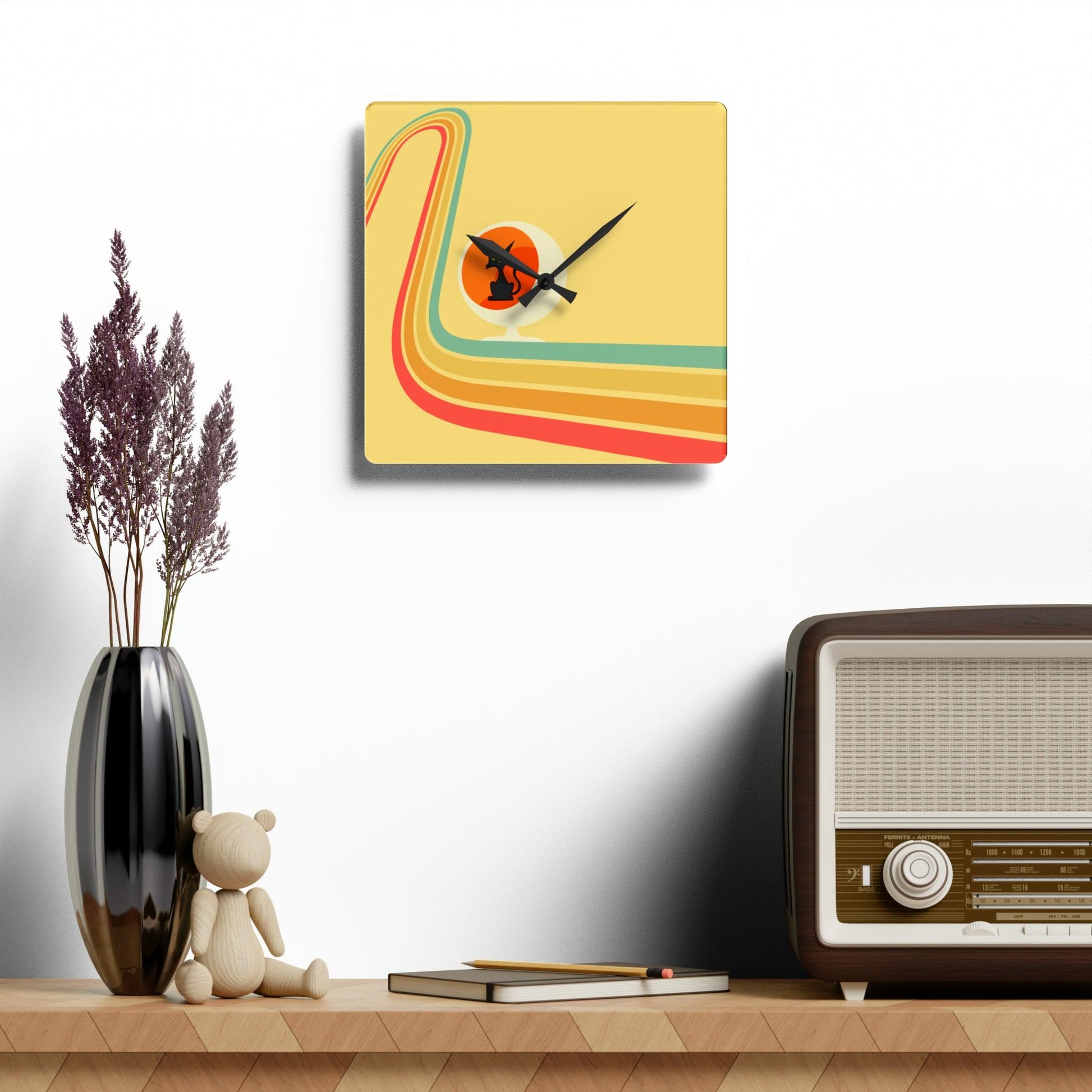 Retro Atomic Cat in Ball Chair, Yellow Mid Century Mod Acrylic Wall Clock | lovevisionkarma.com