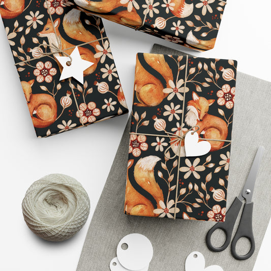 Enchanted Woodland Fox, Floral Dark Cottagecore Watercolor Style, Black Eco-Friendly Gift Wrap