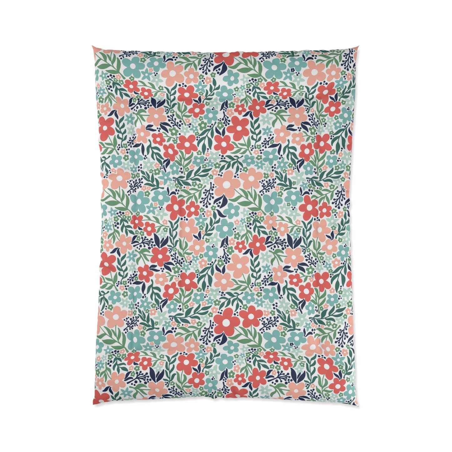 Retro Minimalist Scandi Flowers Cottagecore MCM Vintage Inspired Coral & Teal Comforter