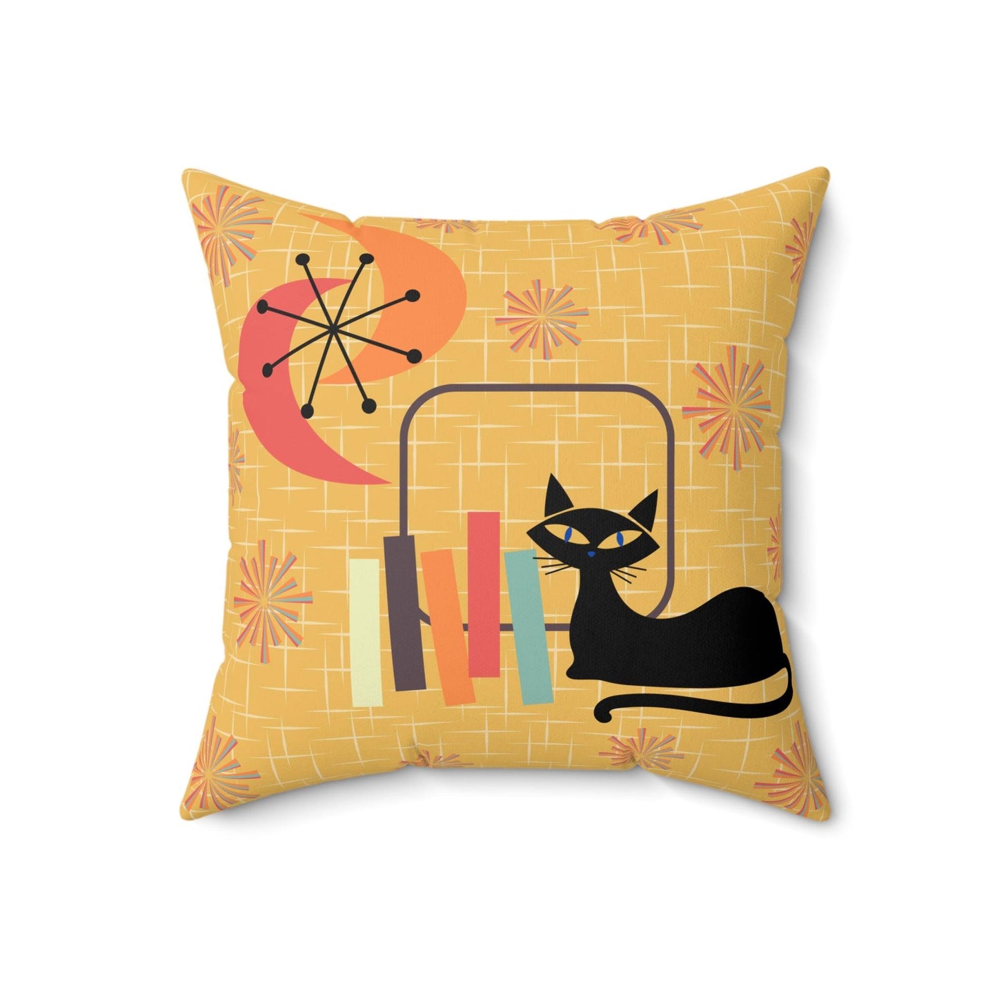 Atomic Cat Mid Century Mod Starburst Retro Yellow Multicolor Throw Pillow | lovevisionkarma.com