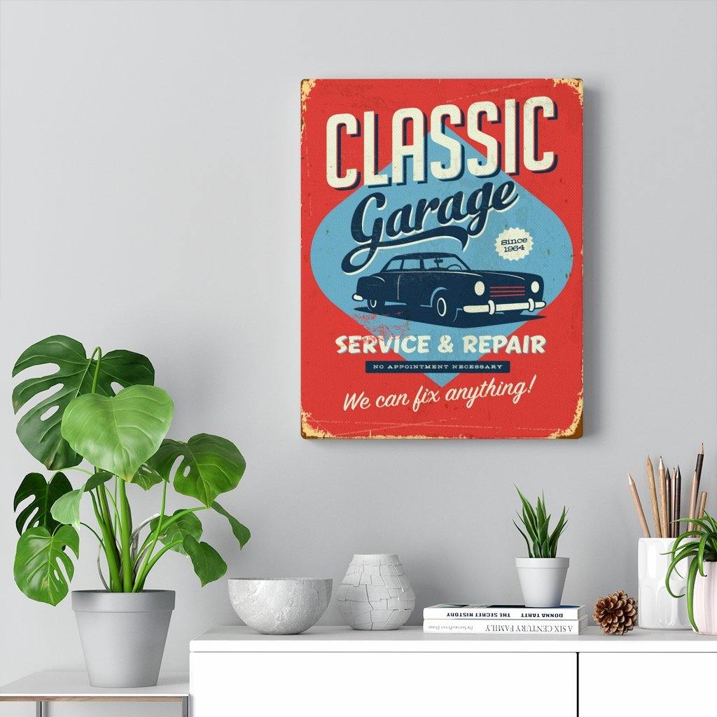 Retro 1950's Classic Car Garage Sign Mid Century Modern Orange & Blue Canvas Wall Art
