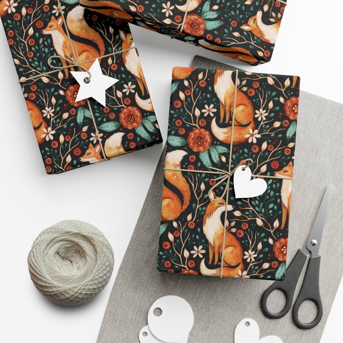 Enchanted Woodland Fox, Dark Cottagecore Watercolor Style Black Eco-Friendly Gift Wrap