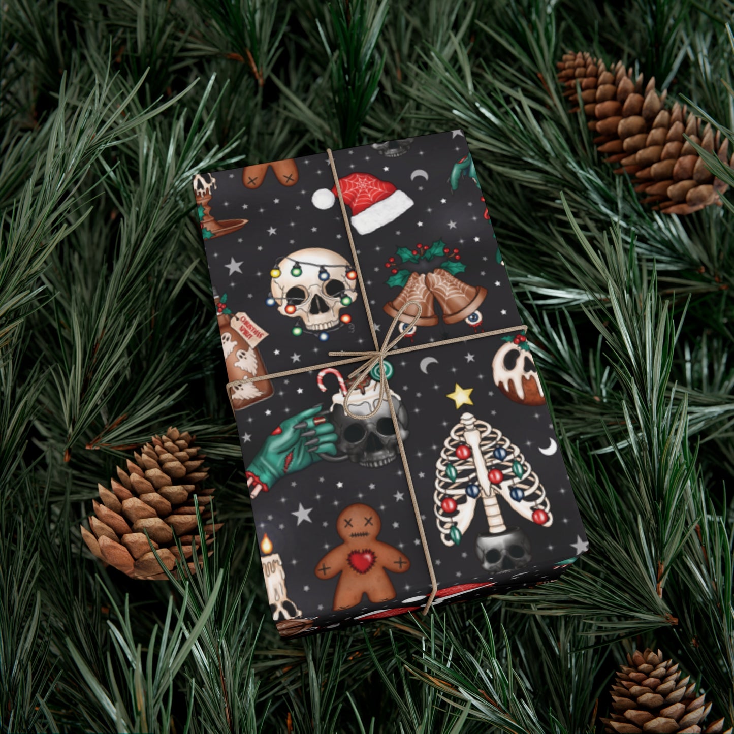 Kitschy Kawaii Goth Christmas, Creepy Cute Whimsigoth Creepmas Black Eco-Friendly Gift Wrap Paper