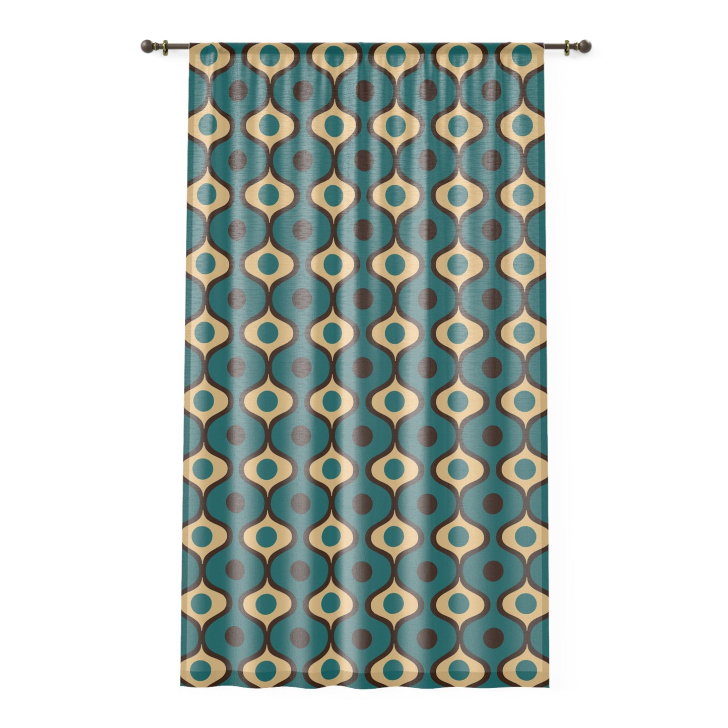 Retro 60s 70s Mid Century Mod Funky Geometric Blue, Cream & Brown Sheer Window Curtain