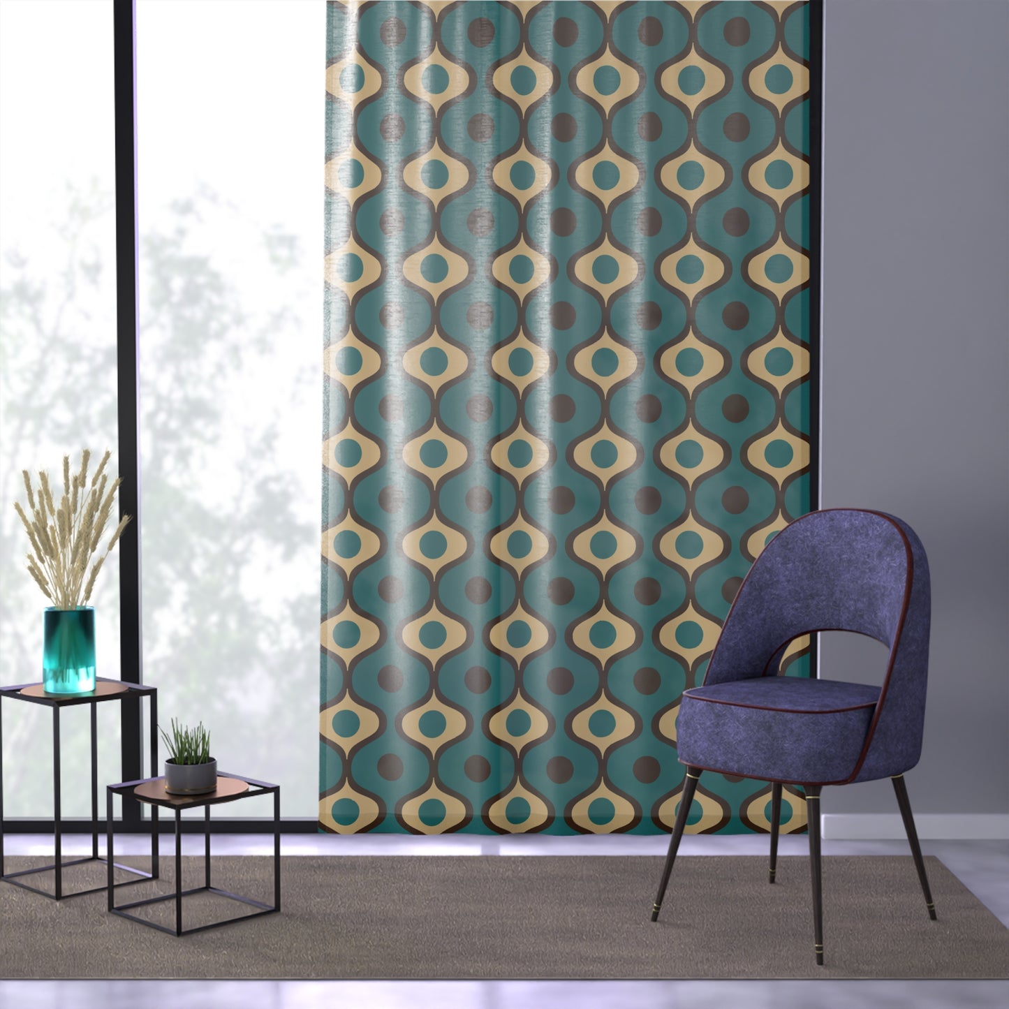 Retro 60s 70s Mid Century Mod Funky Geometric Blue, Cream & Brown Sheer Window Curtain