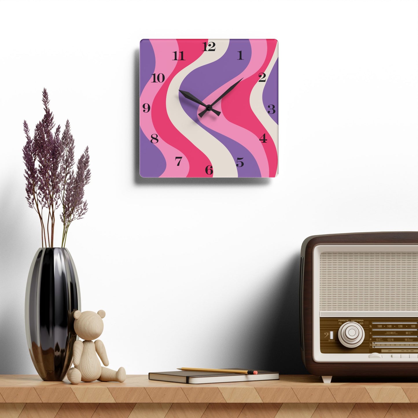 Groovy 60's Hippie Swirl Pink & Purple Mid Century Mod Acrylic Wall Clock
