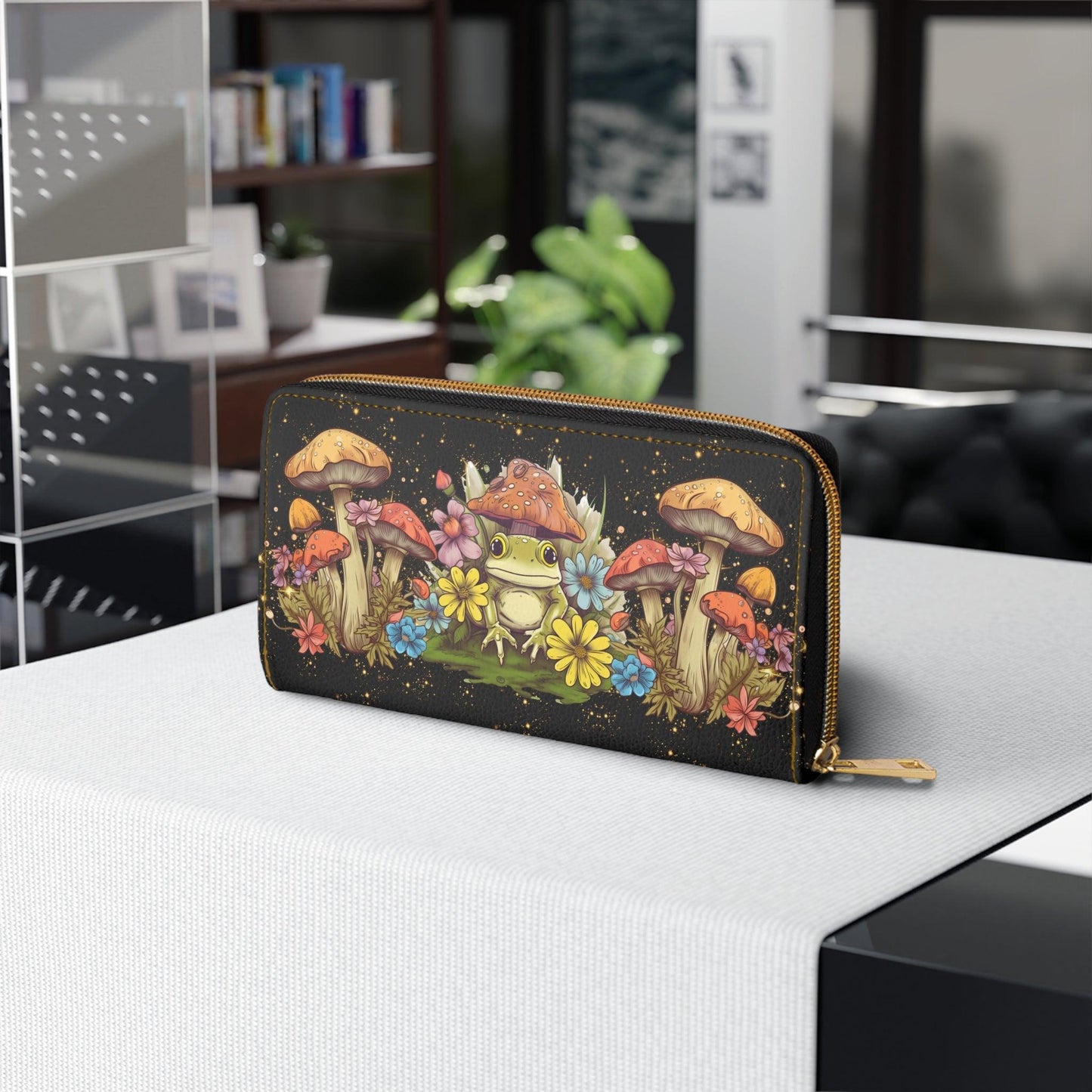 Mushrooms & Frog Boho Cottagecore & Mushroomcore Multicolor Zipper Wallet | lovevisionkarma.com