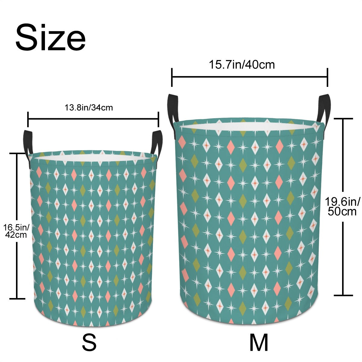 Retro 50s Atomic Burst & Diamond Mid Century Mod Teal, Pink & Green Round Laundry Hamper