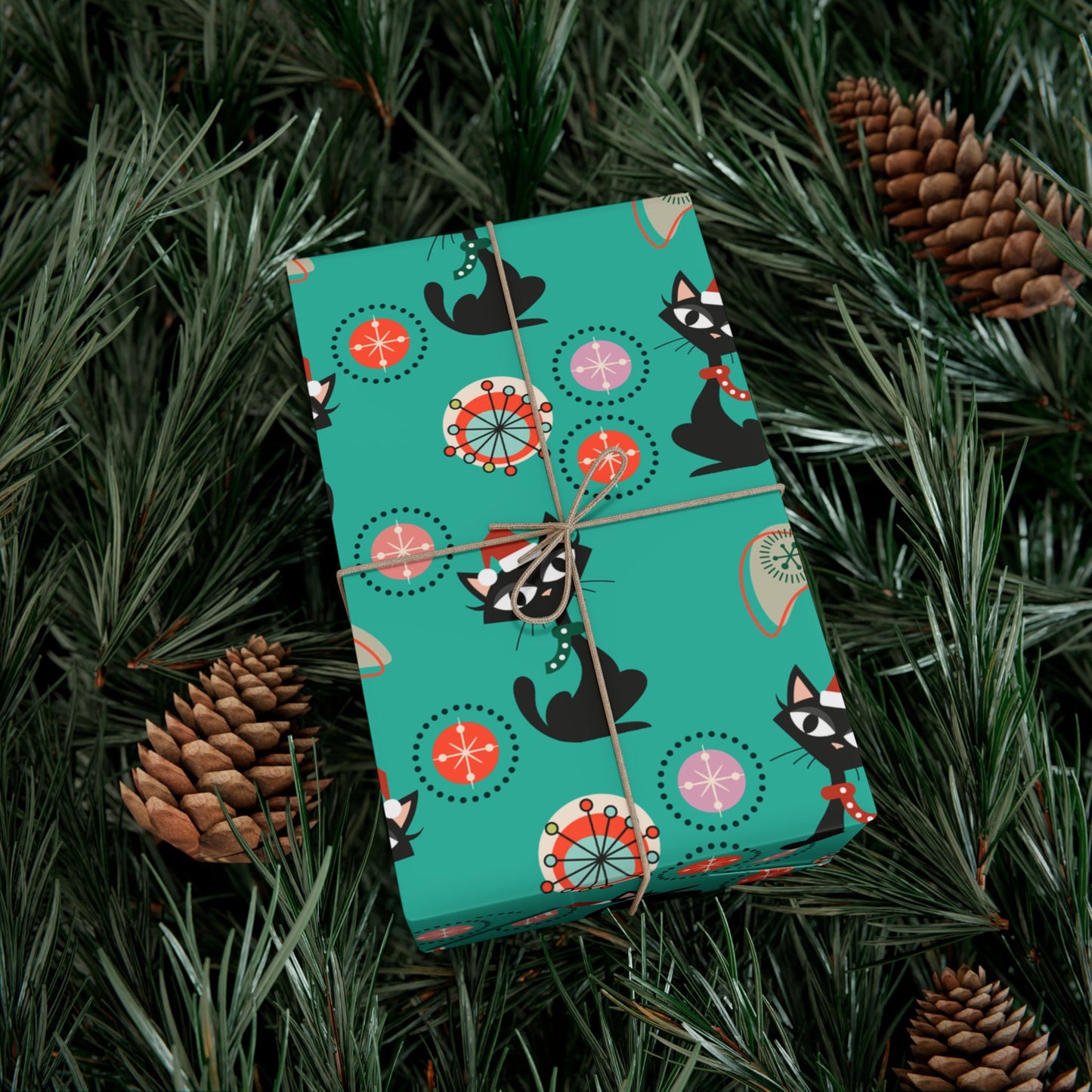 Retro 50's Atomic Cat Christmas Kitschy Mid Century Modern Teal Blue Eco-Friendly Wrapping Paper